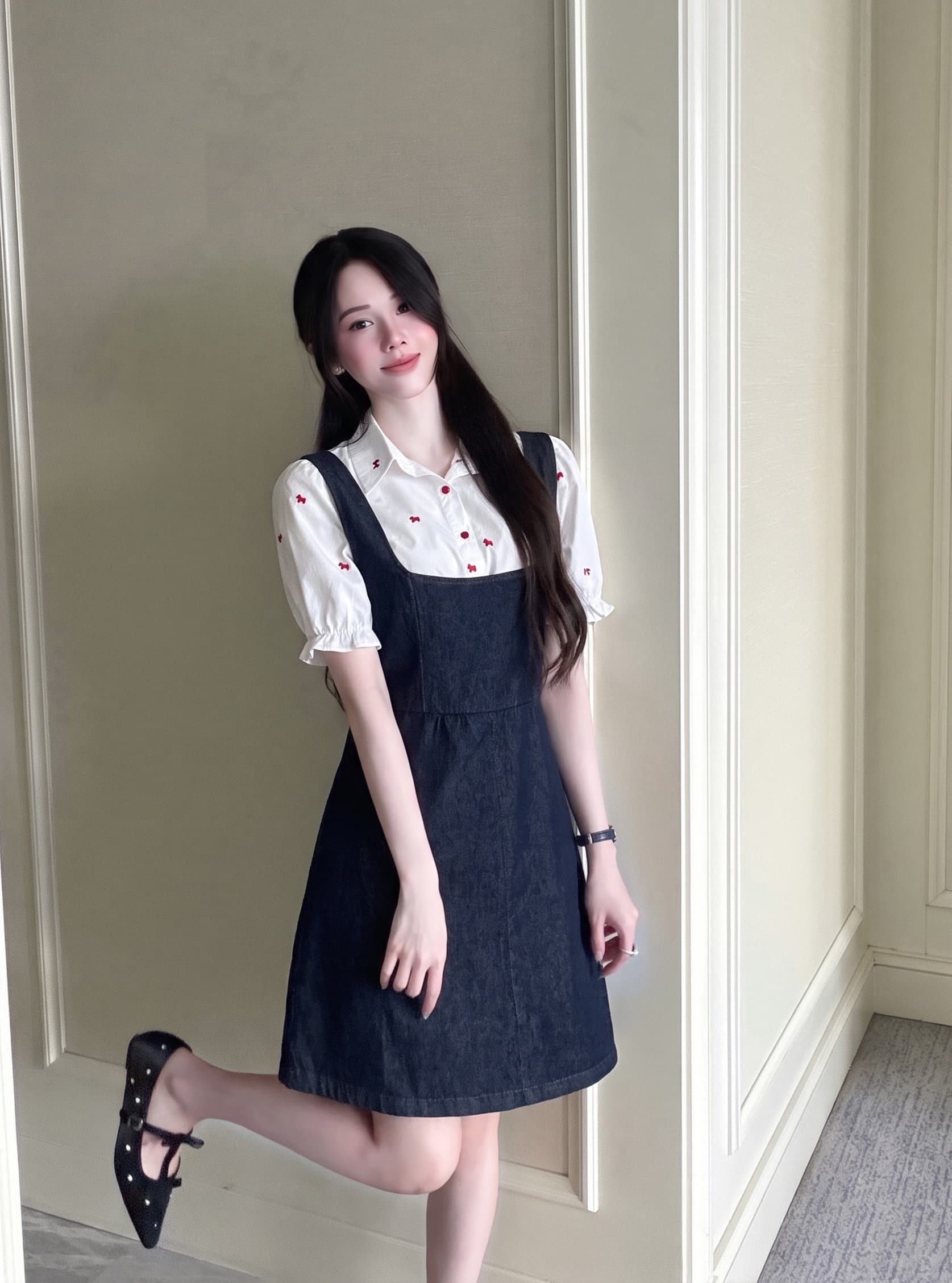 빅 사이즈 여성 의류 품격 부드러운 프릴 셔츠 데님 멜빵 드레스 새로운 캐주얼 투피스 세트 상세 이미지 8