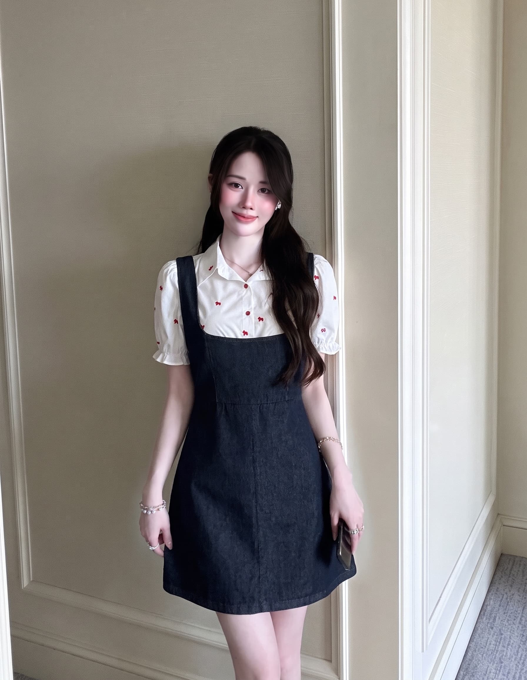 빅 사이즈 여성 의류 품격 부드러운 프릴 셔츠 데님 멜빵 드레스 새로운 캐주얼 투피스 세트 상세 이미지 10