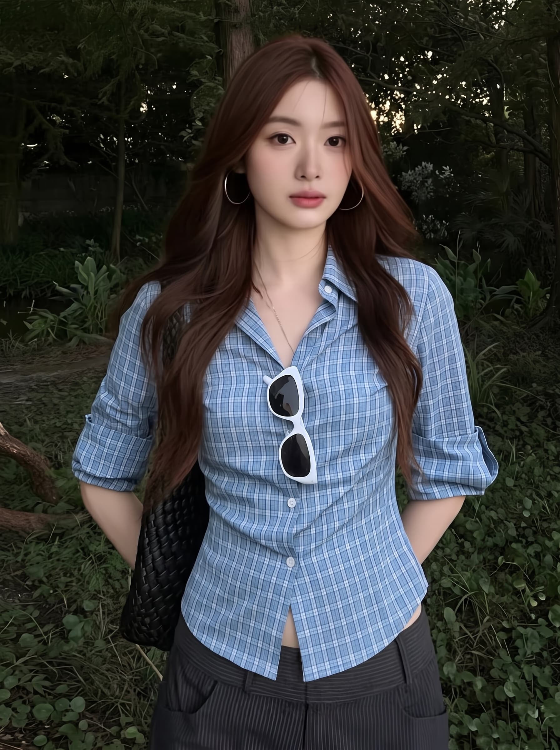 실사 빅 사이즈 한 부서 학원 천 금빛 바람 블루 체크무늬 반팔 여성 셔츠 여름 허리 수축 슬림해 보이는 긍정적 인 어깨 의류 상세 이미지 4