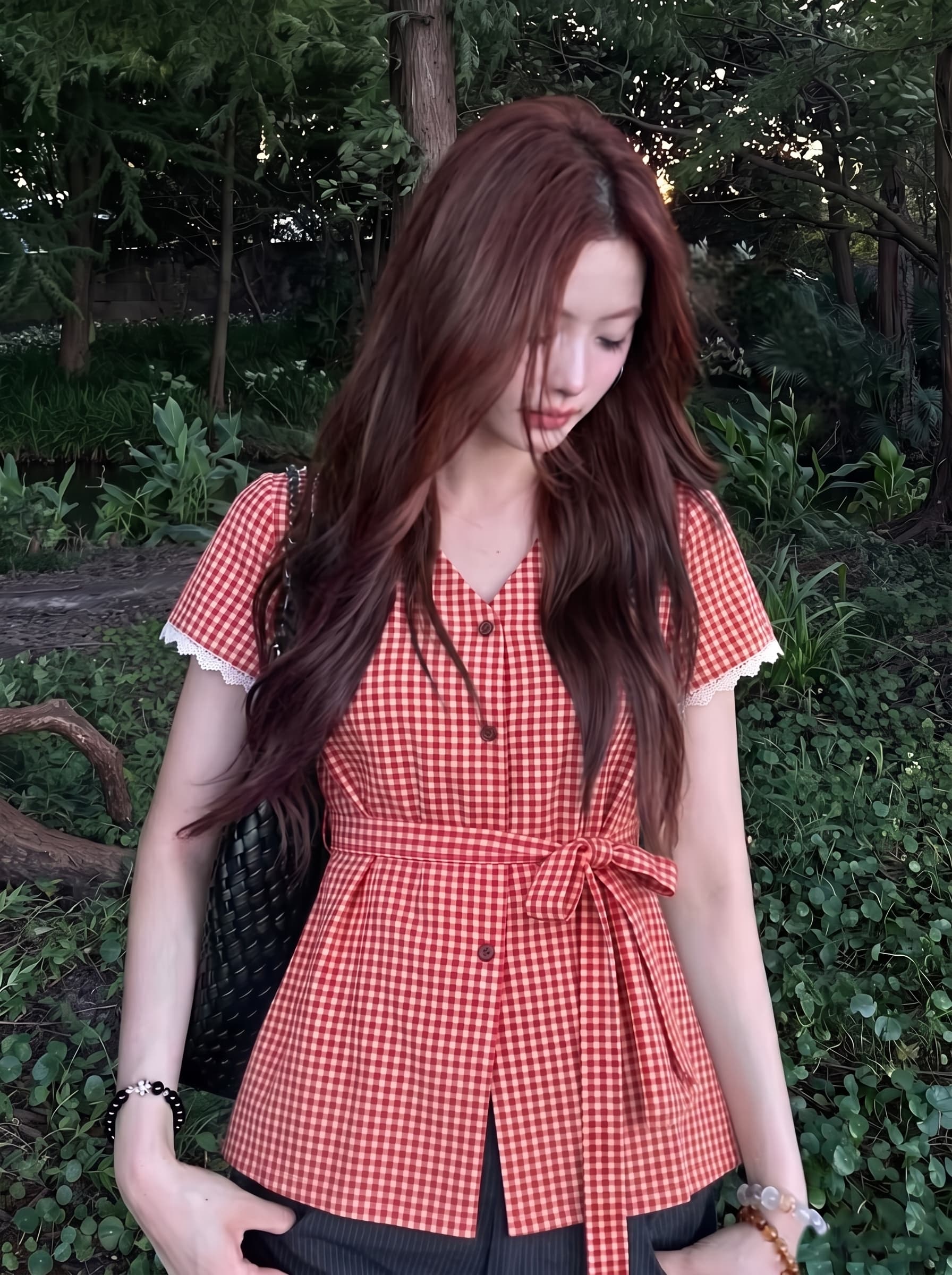 실사 빅 사이즈 지방 mm 여름 드레스 새로운 한 부서 V넥 레이스 레이스 체크무늬 반팔 작은 셔츠 맨위 이미지 4