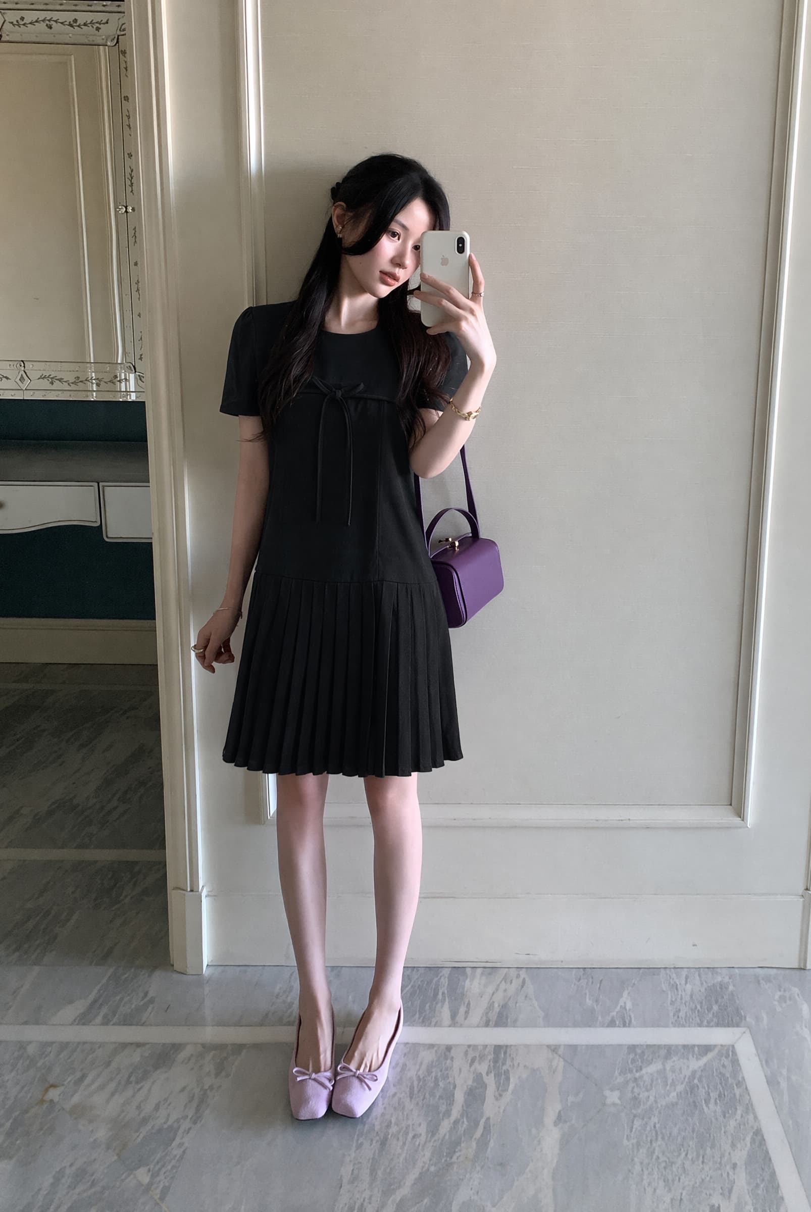 실사 빅 사이즈 여성 의류 여름 miu 부서 작은 샤넬 스타일 나비 매듭 고급 센스 허리 수축 드레스 지방 mm 숨기기 고기 상세 이미지 8