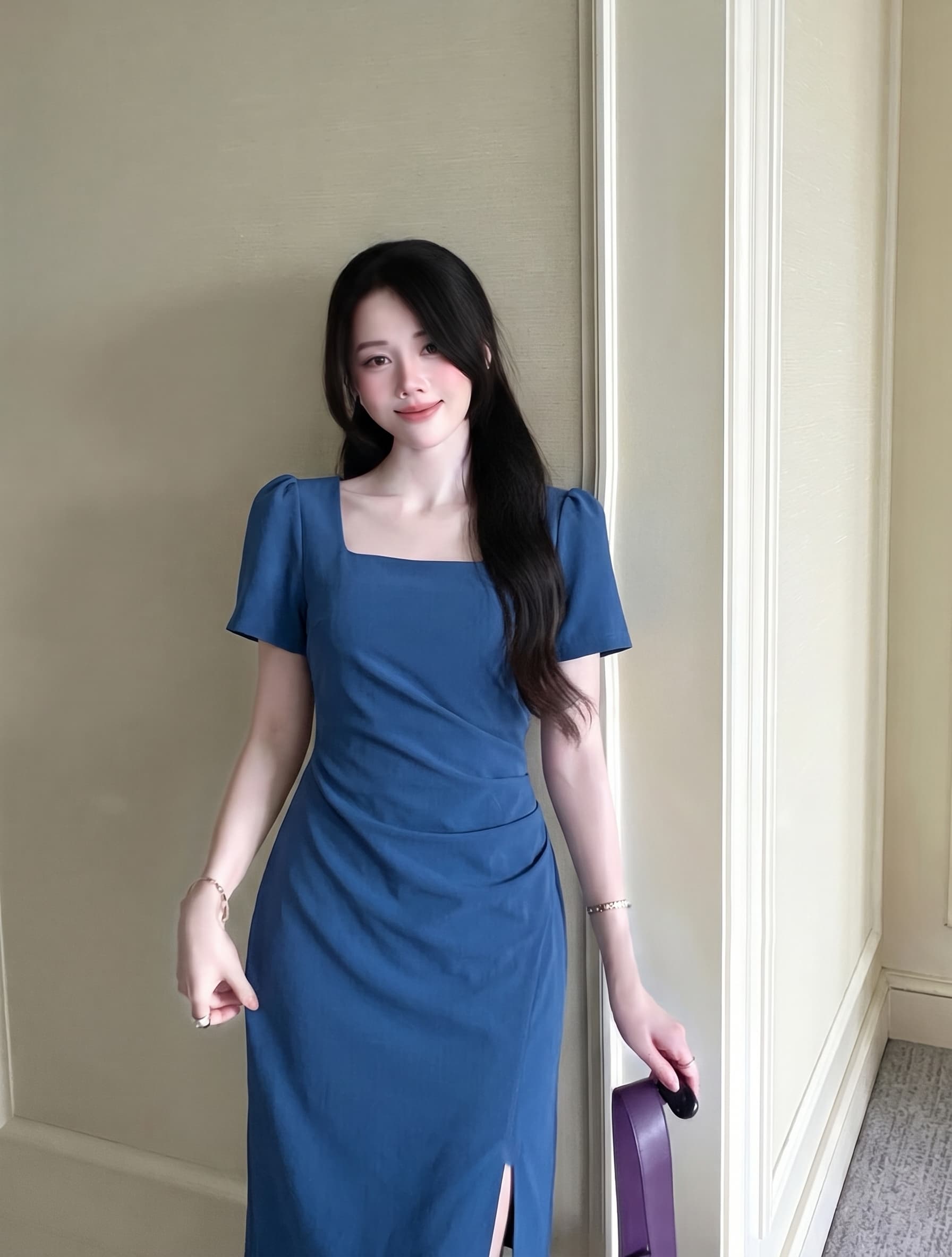 실사 빅 사이즈 여성 의류 새로운 여름 프랑스식 광장 칼라 주름 허리 수축 측면 트임 슬림해 보이는 품격 드레스 상세 이미지 3