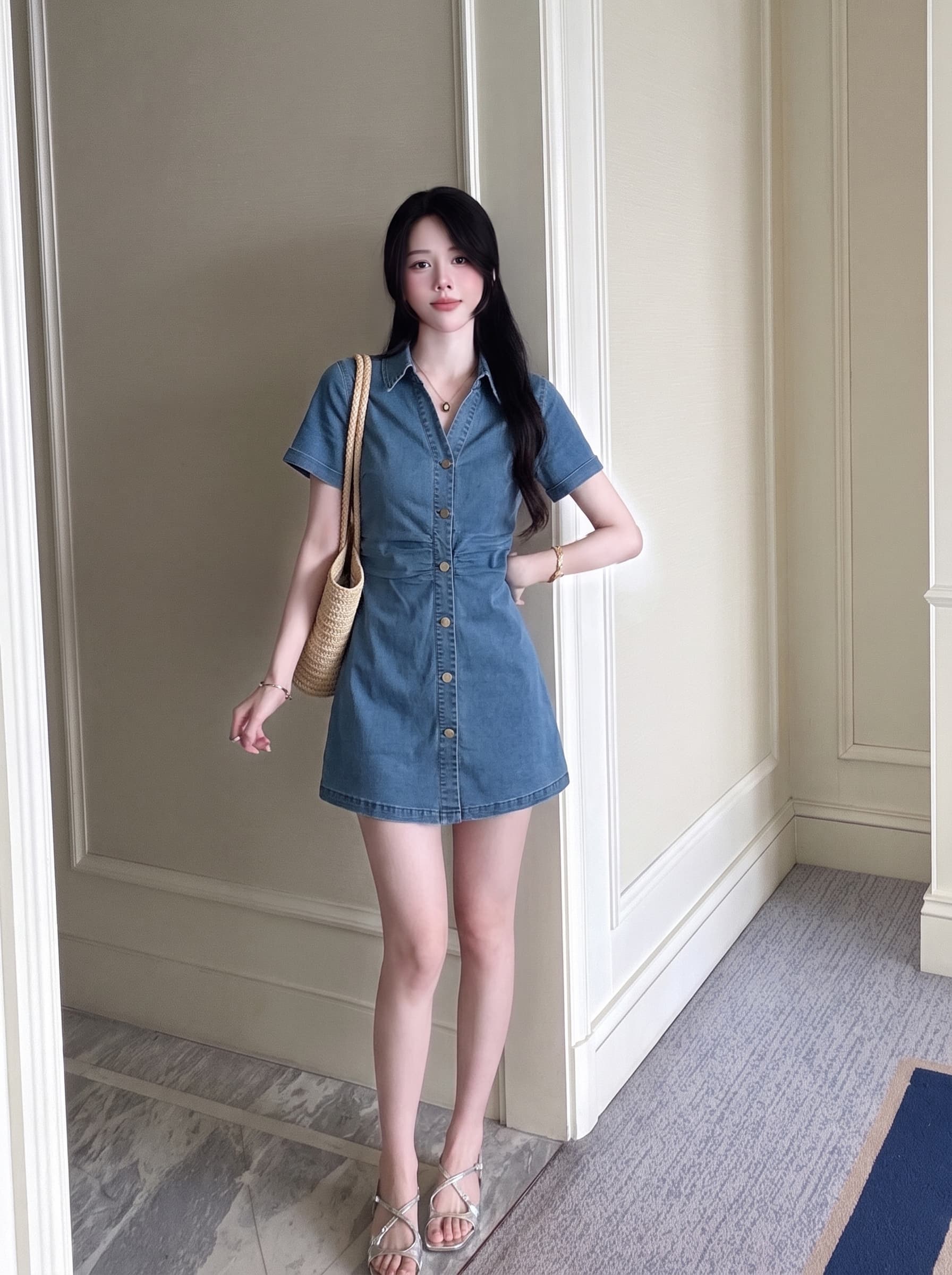 실사 빅 사이즈 여성 의류 항구 바람 파란색 상쾌 주름 폴로 칼라 허리 수축 표지 배 슬림해 보이는 데님 드레스