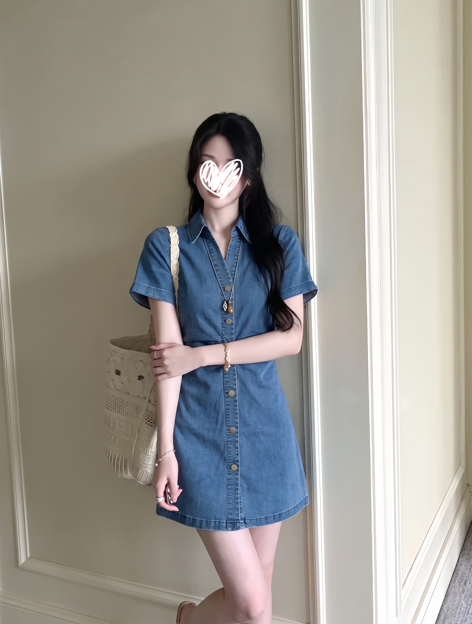 실사 빅 사이즈 여성 의류 항구 바람 파란색 상쾌 주름 폴로 칼라 허리 수축 표지 배 슬림해 보이는 데님 드레스 상세 이미지 2