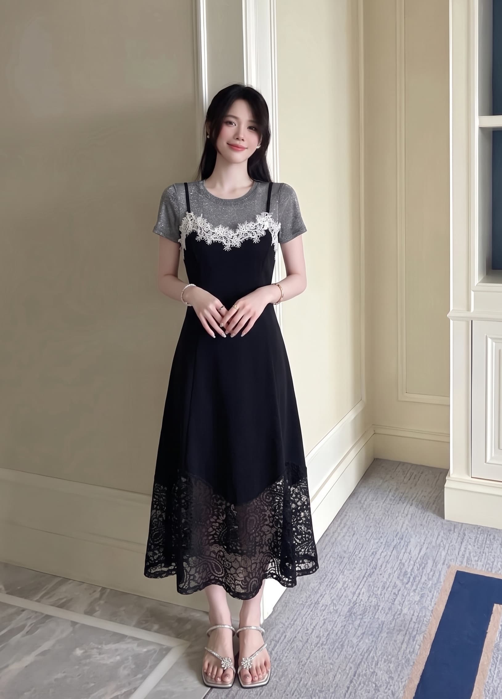 실사 빅 사이즈 여성 의류 여름 디자인 센스 절묘한 페이크 레이어드 레이스 세트 치마 지방 mm 슬림해 보이는 드레스 이미지 3