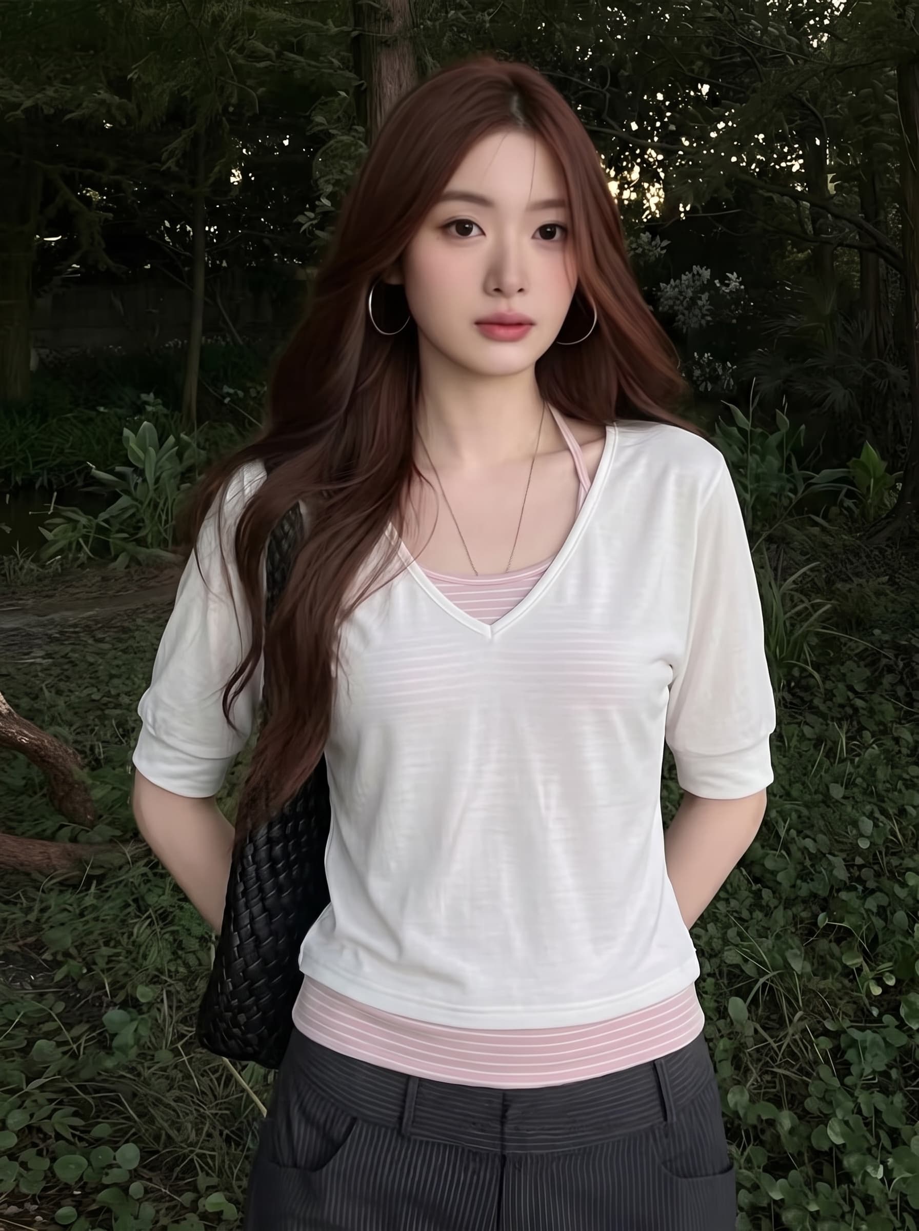 실사 빅 사이즈 한 부서 중간 소매 티셔츠 투피스 세트 스트라이프 캐미솔 몸매 가꾸기 슬림해 보이는 V넥 반팔 블라우스 맨위 이미지 3