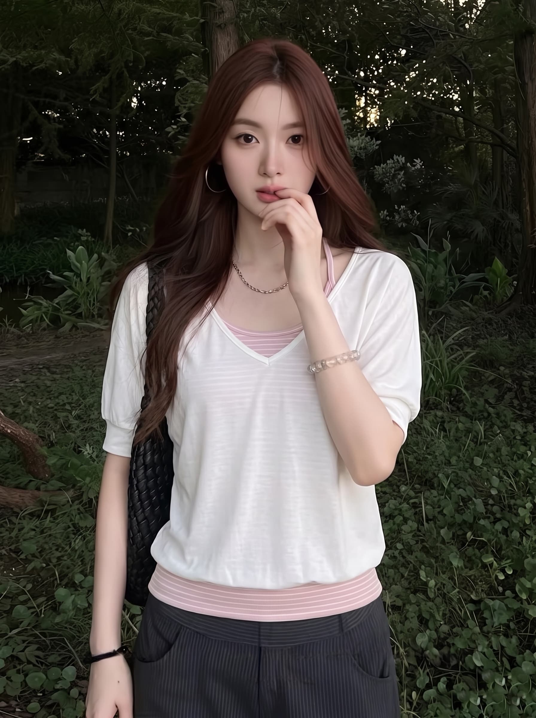 실사 빅 사이즈 한 부서 중간 소매 티셔츠 투피스 세트 스트라이프 캐미솔 몸매 가꾸기 슬림해 보이는 V넥 반팔 블라우스 맨위 이미지 2