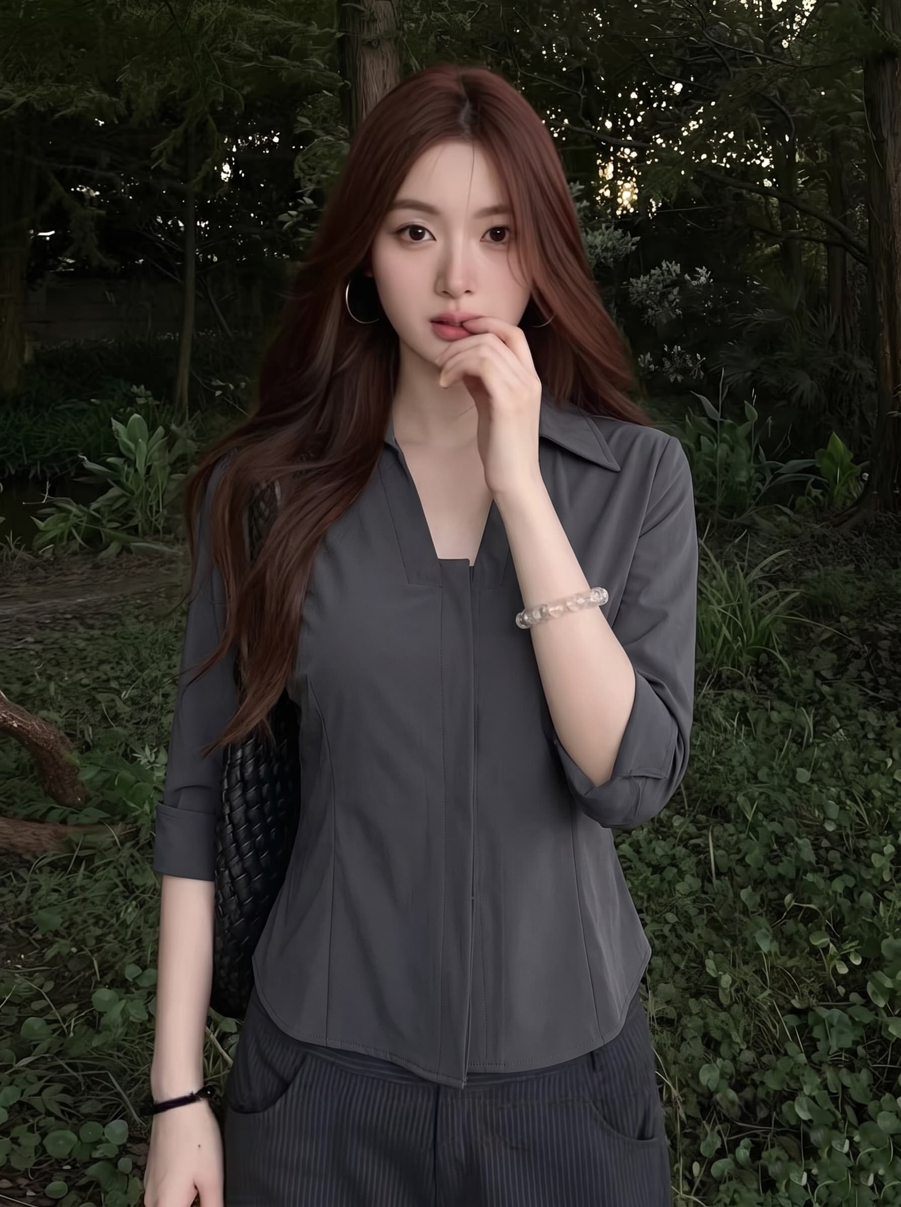 실사 빅 사이즈 지방 mm 아메리칸 POLO 셔츠 중간 소매 뒤집다 접기 여성 여름 높음 지혜 센스 허리 수축 슬림해 보이는 몸매 가꾸기 이미지 3