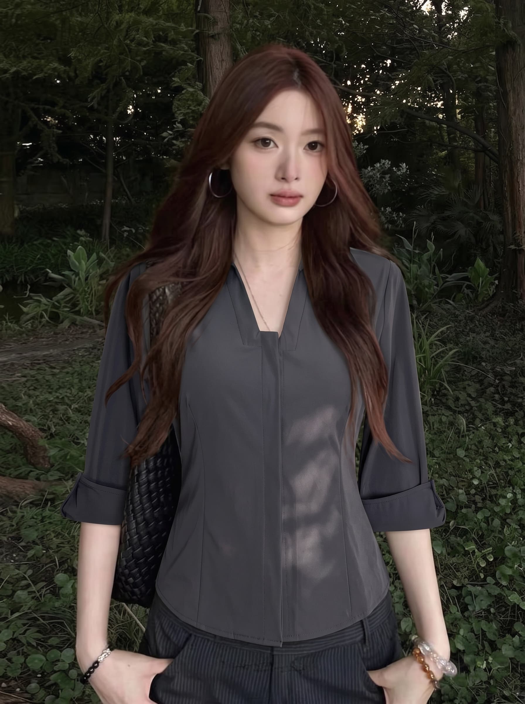 실사 빅 사이즈 지방 mm 아메리칸 POLO 셔츠 중간 소매 뒤집다 접기 여성 여름 높음 지혜 센스 허리 수축 슬림해 보이는 몸매 가꾸기 상세 이미지 2