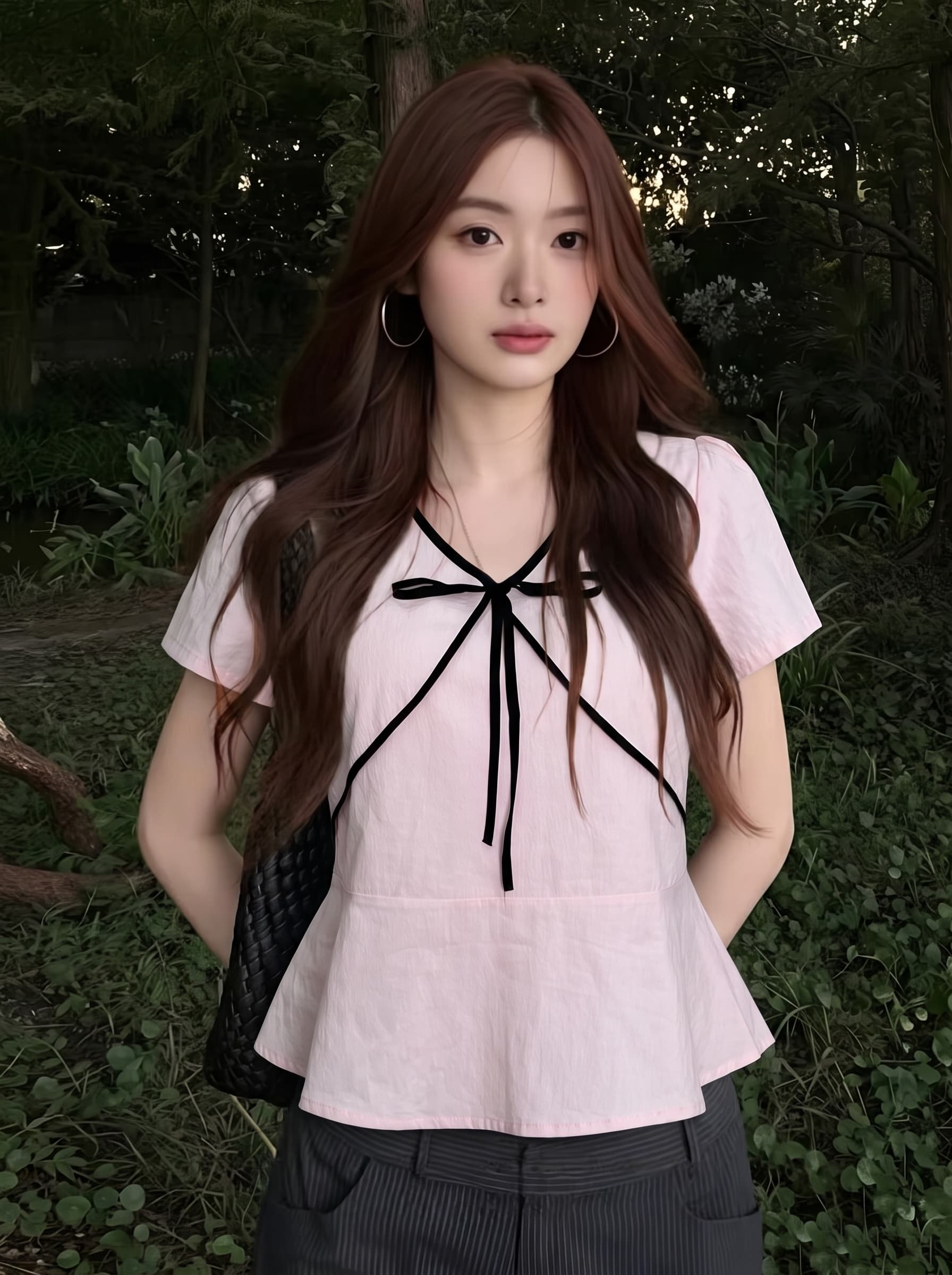 실사 빅 사이즈 지방 mm 한 셔츠 여성 여름 새로운 연령 감소 V넥 달콤함 배색 스트랩 맨위 이미지 3