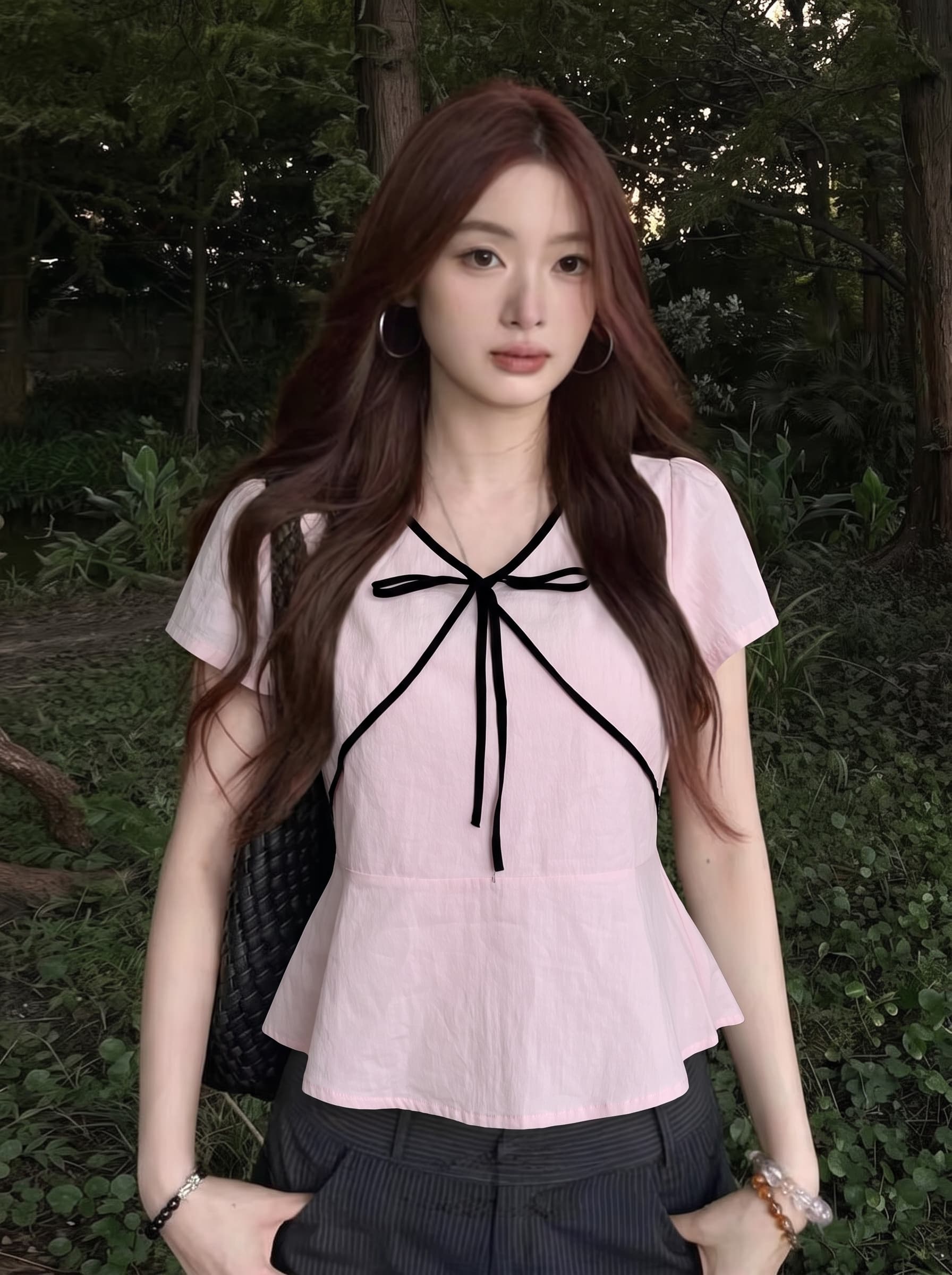 실사 빅 사이즈 지방 mm 한 셔츠 여성 여름 새로운 연령 감소 V넥 달콤함 배색 스트랩 맨위 상세 이미지 3