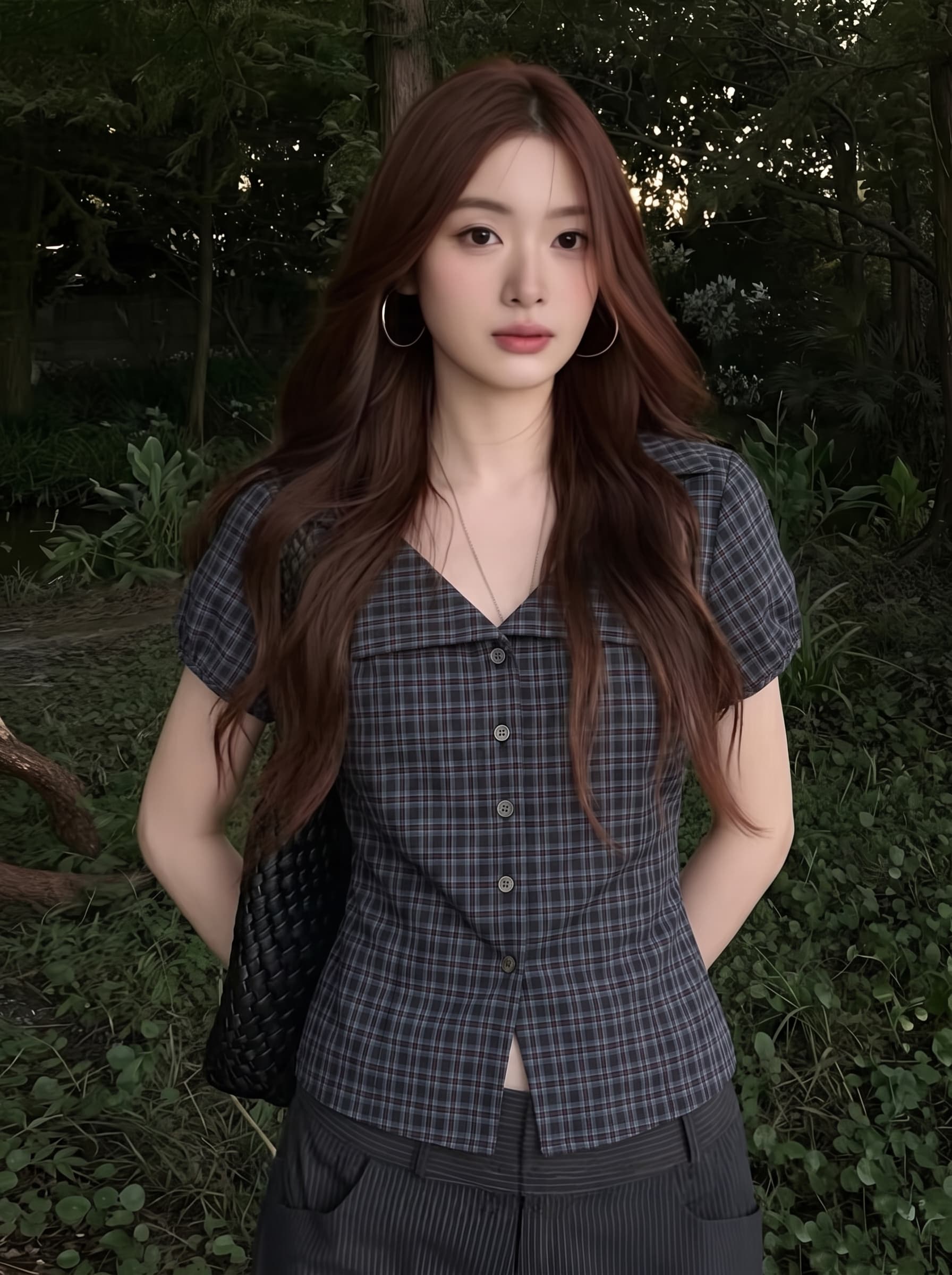실사 빅 사이즈 여성 의류 레트로 허리 수축 셔츠 티셔츠 여성 체크무늬 V넥 반팔 여름 마이크로 지방 mm 맨위 이미지 2