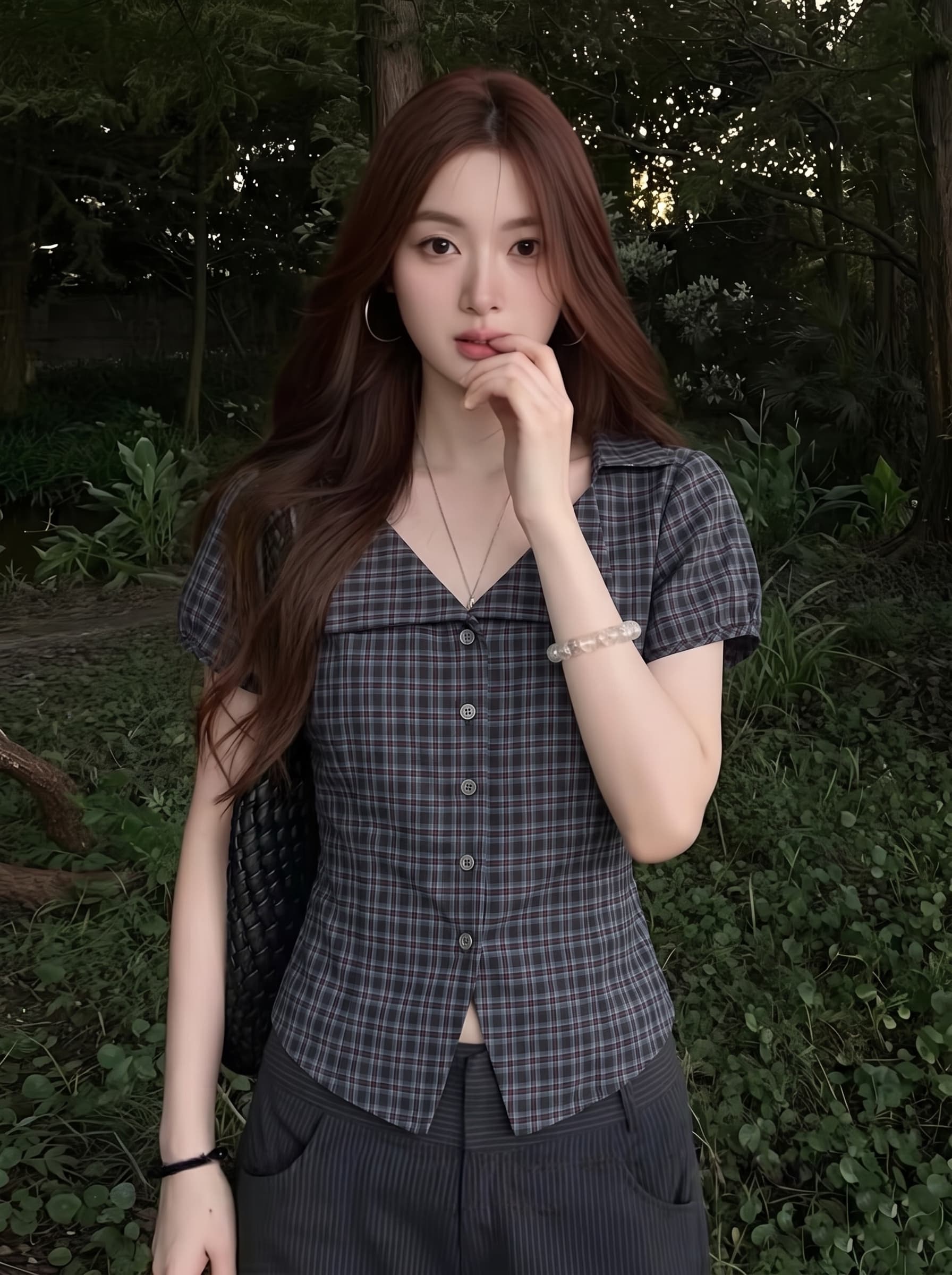 실사 빅 사이즈 여성 의류 레트로 허리 수축 셔츠 티셔츠 여성 체크무늬 V넥 반팔 여름 마이크로 지방 mm 맨위 이미지 3