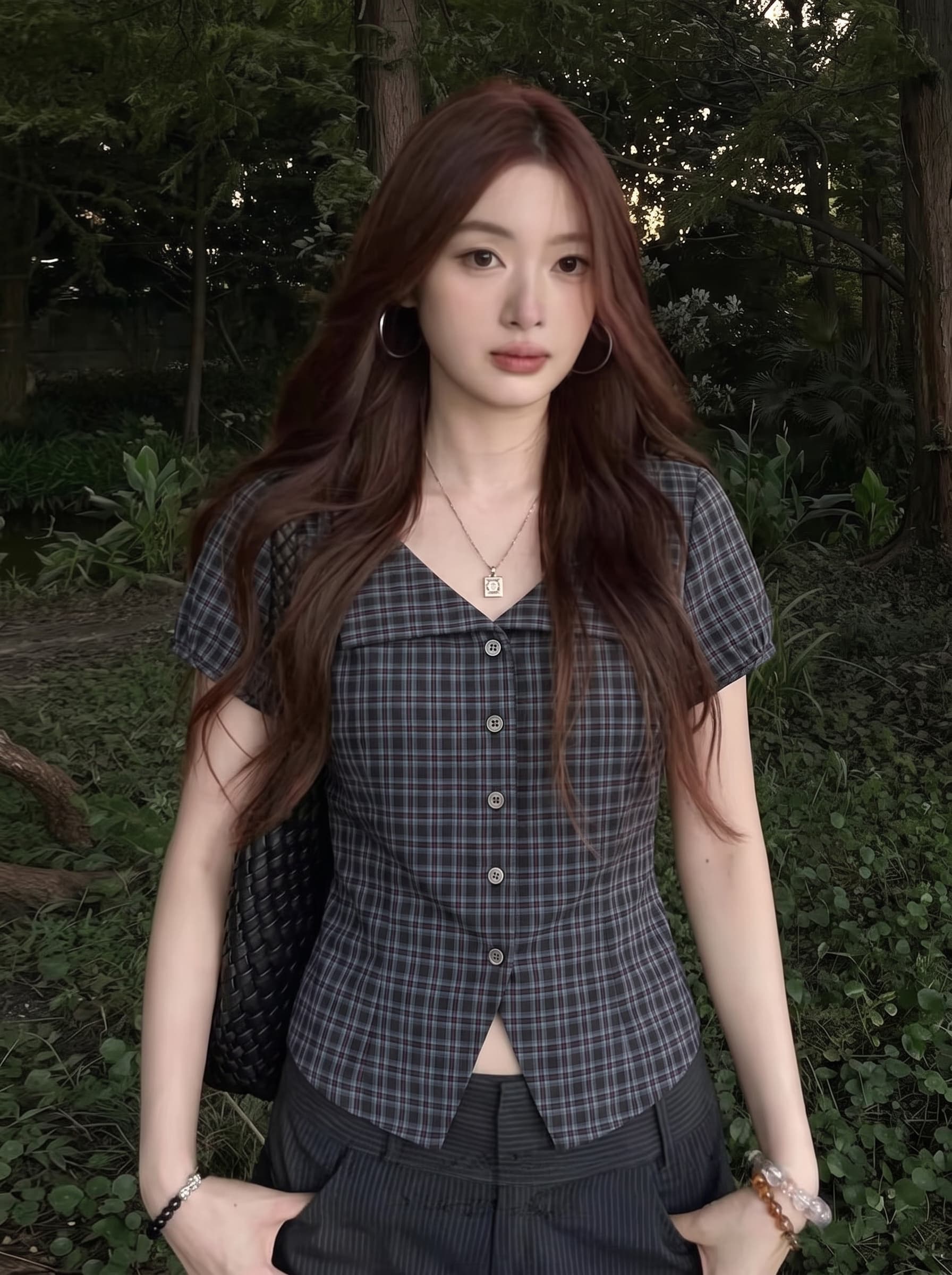 실사 빅 사이즈 여성 의류 레트로 허리 수축 셔츠 티셔츠 여성 체크무늬 V넥 반팔 여름 마이크로 지방 mm 맨위 상세 이미지 1