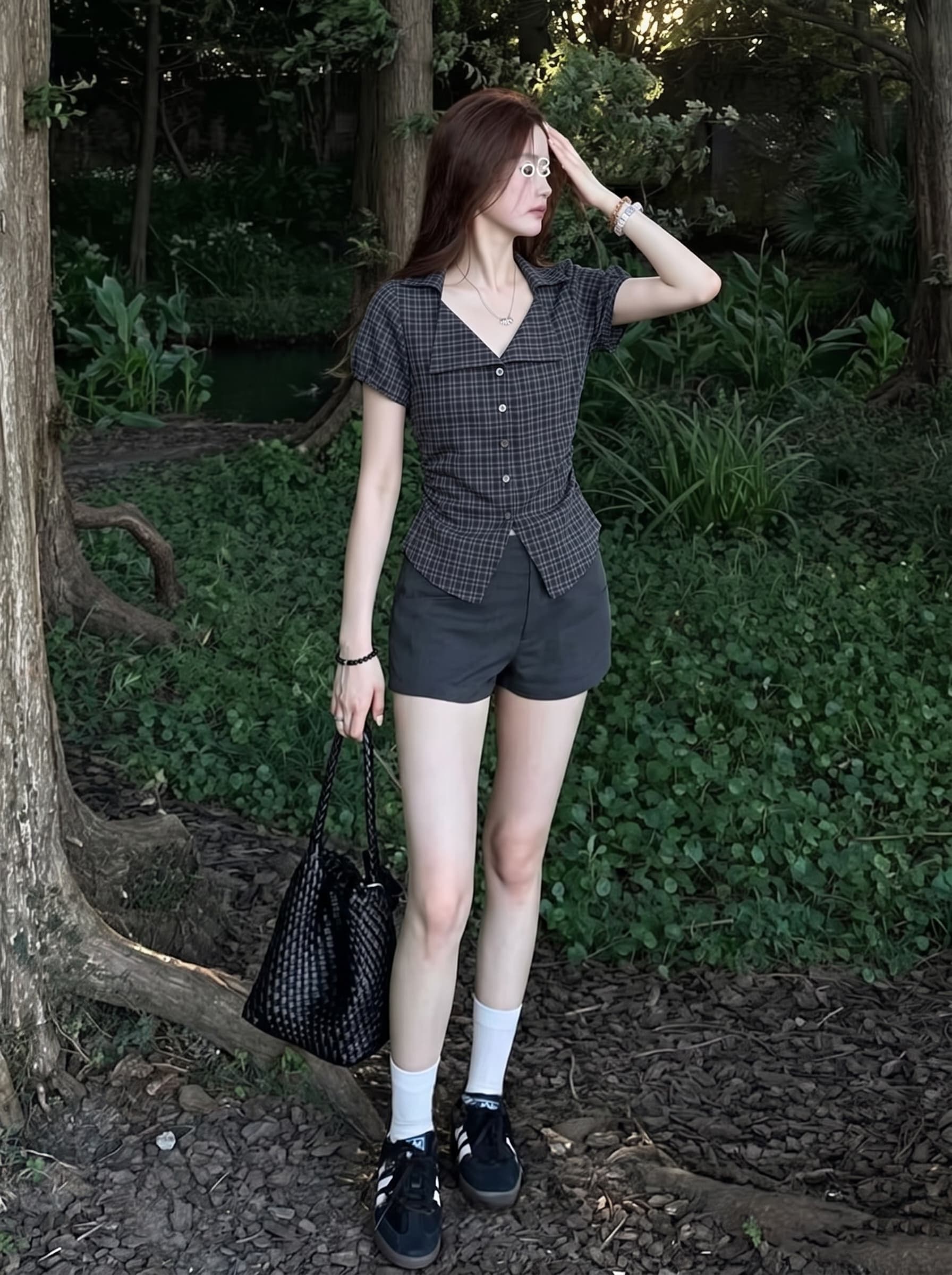 실사 빅 사이즈 여성 의류 레트로 허리 수축 셔츠 티셔츠 여성 체크무늬 V넥 반팔 여름 마이크로 지방 mm 맨위 상세 이미지 3
