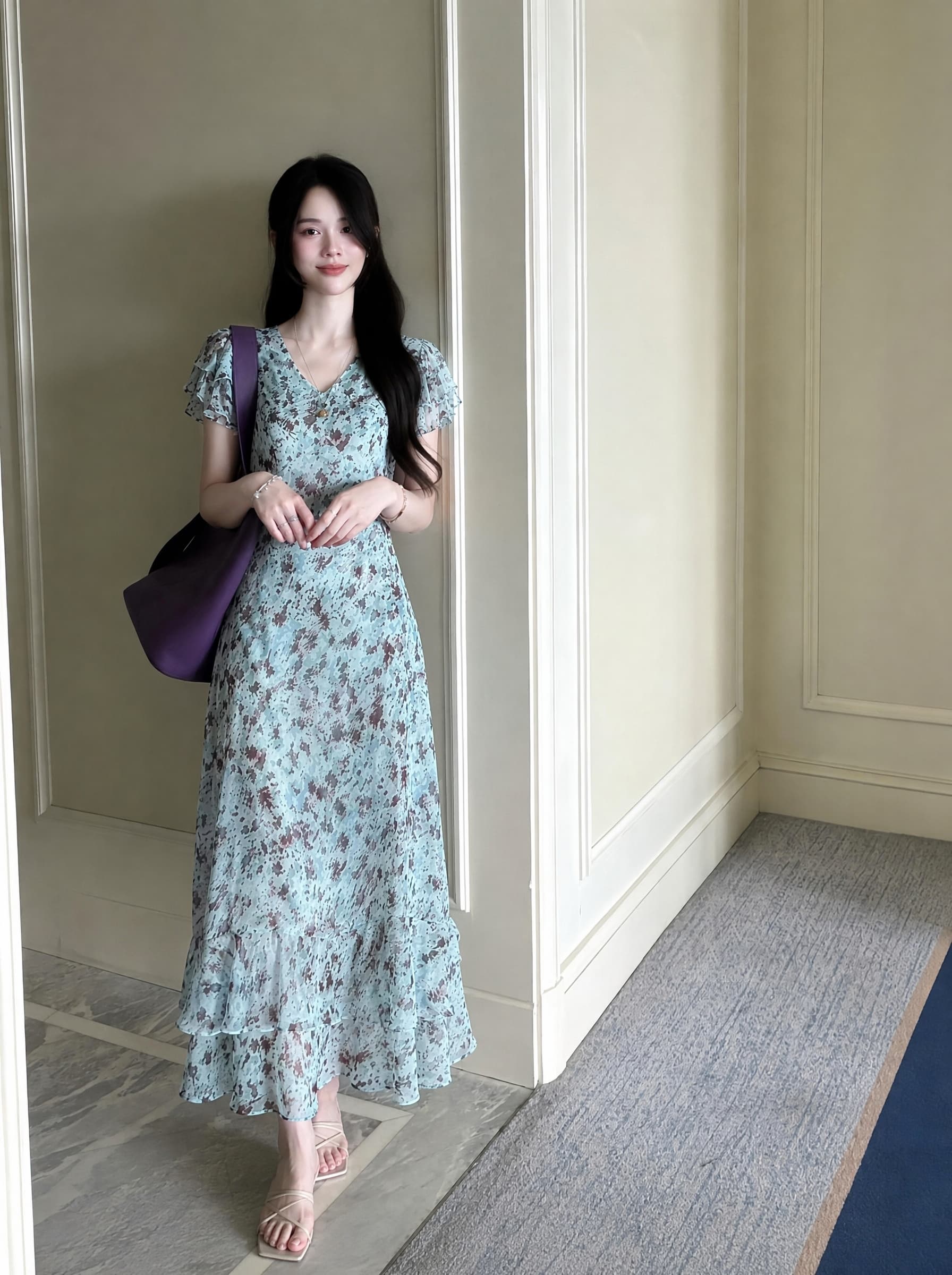 실사 빅 사이즈 여성 의류 프랑스식 V넥 레이스업 허리 수축 꽃무늬 드레스 여름 작은 날다 소매 파란색 품격 롱 스커트 상세 이미지 7