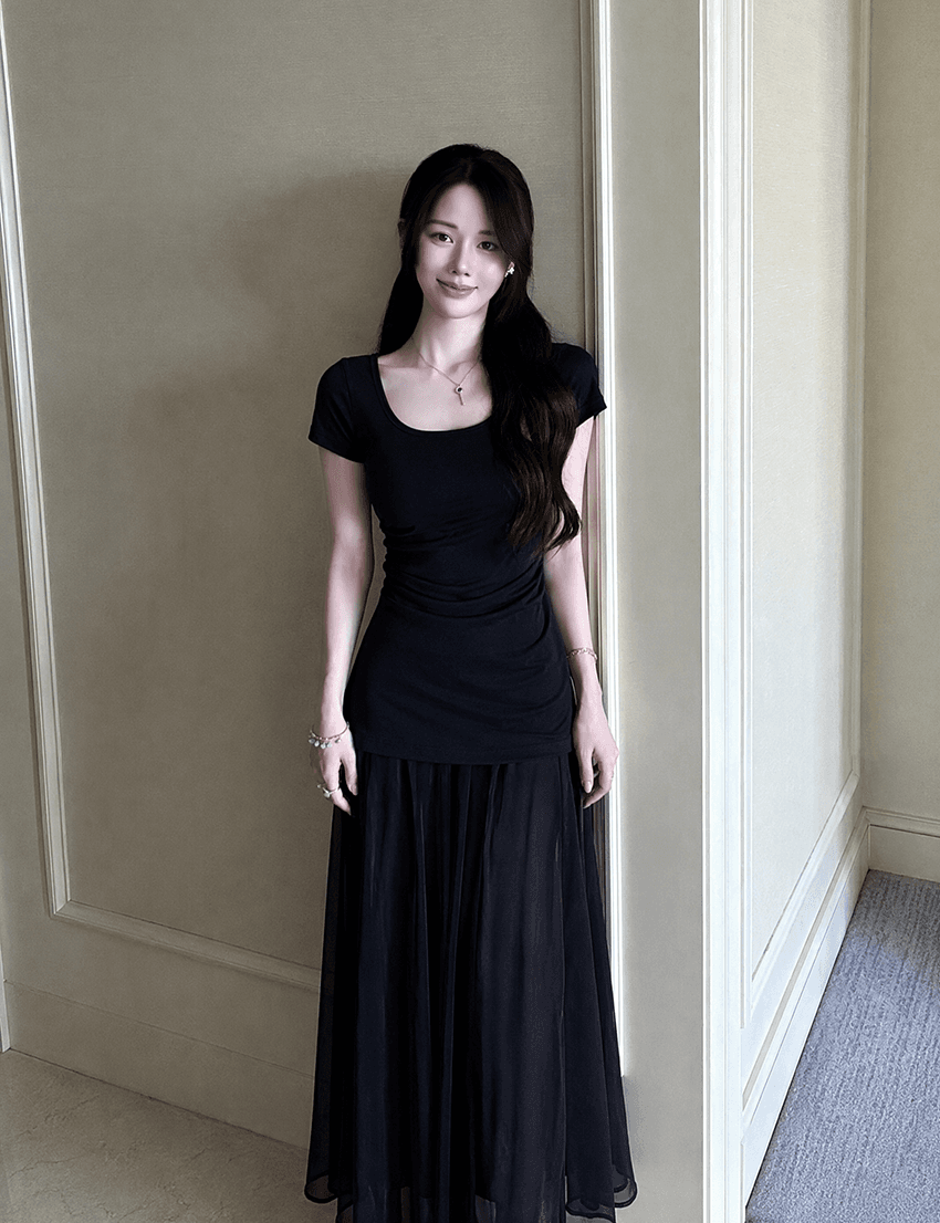 실사 빅 사이즈 프랑스식 레트로 망사 패치워크 반팔 여성 드레스 여름 허리 수축 슬림해 보이는 품격 롱 스커트 이미지 3