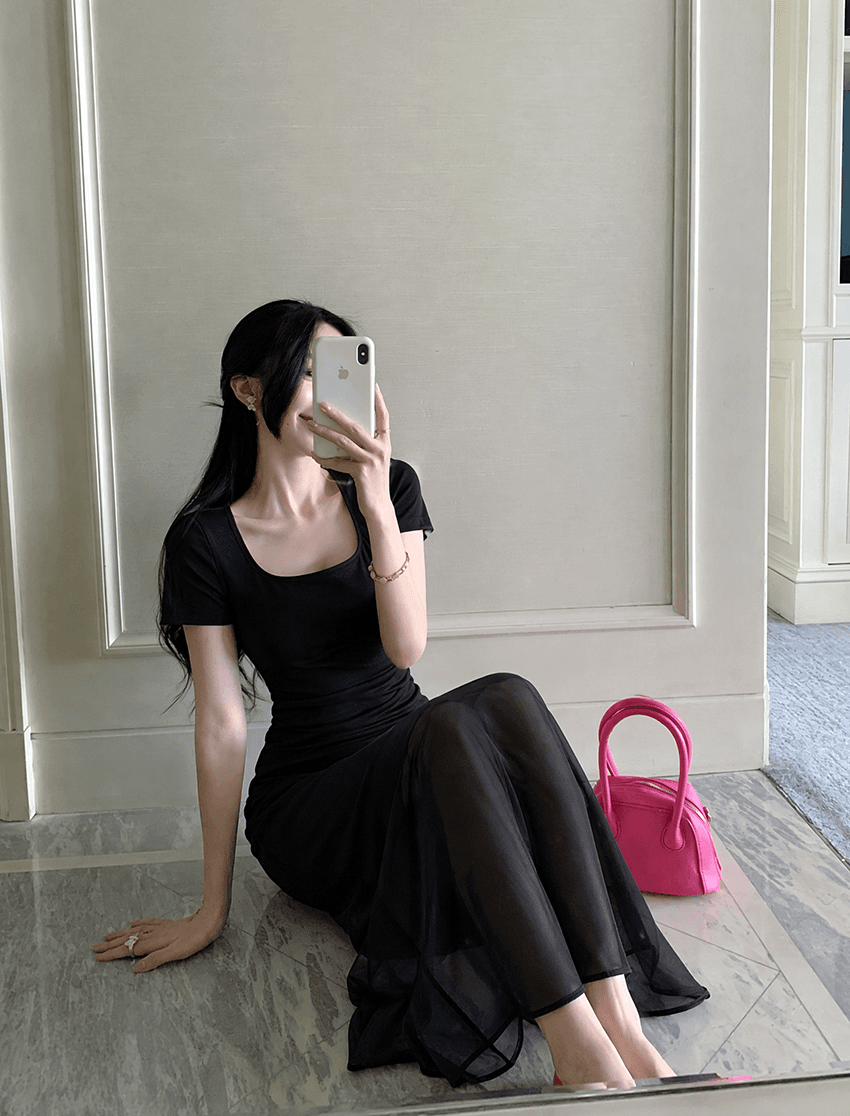 실사 빅 사이즈 프랑스식 레트로 망사 패치워크 반팔 여성 드레스 여름 허리 수축 슬림해 보이는 품격 롱 스커트 상세 이미지 3