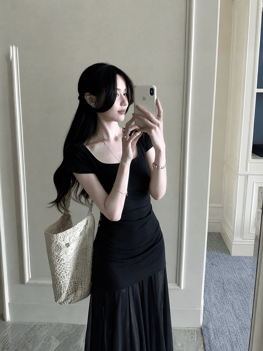 실사 빅 사이즈 프랑스식 레트로 망사 패치워크 반팔 여성 드레스 여름 허리 수축 슬림해 보이는 품격 롱 스커트 상세 이미지 6