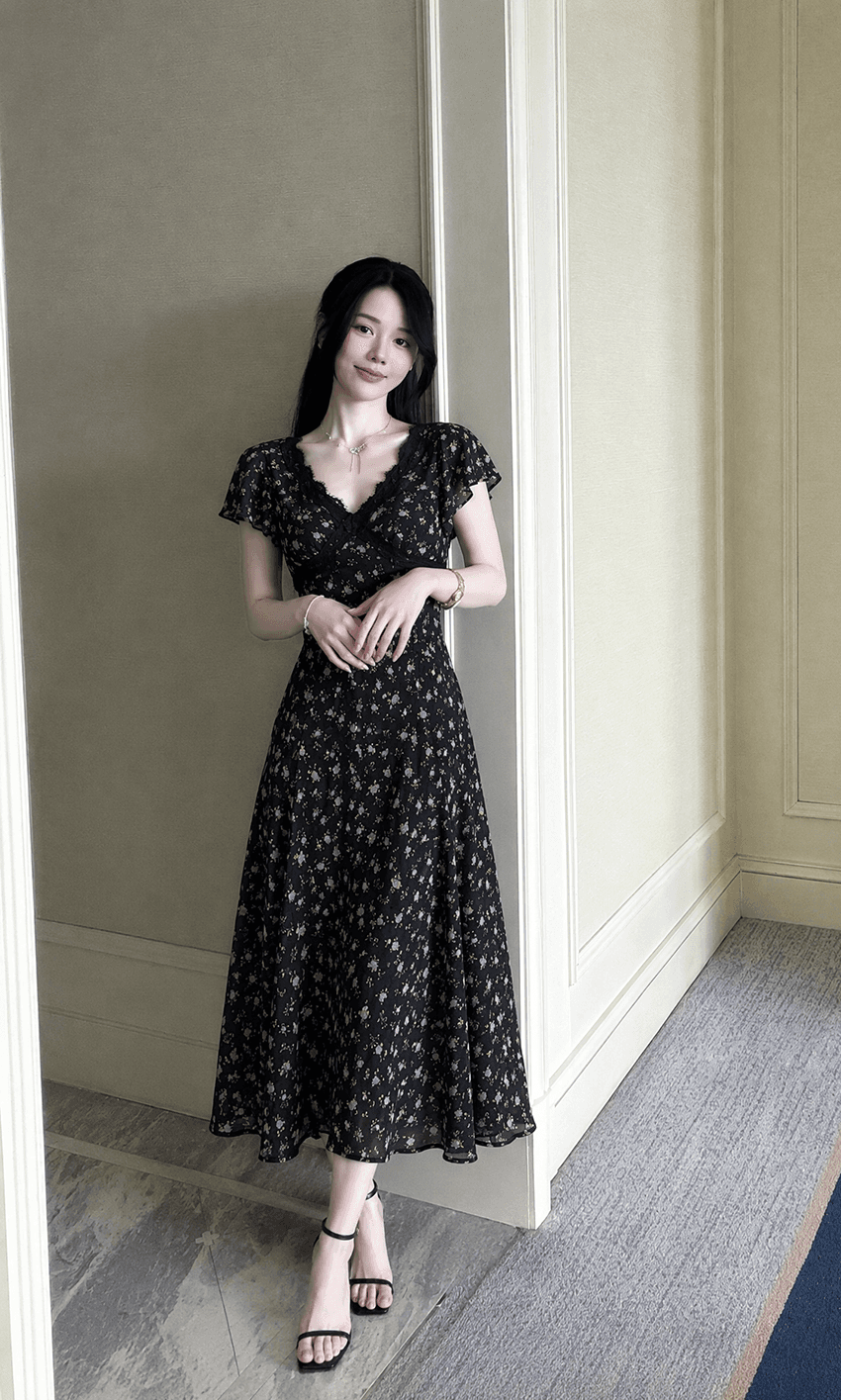 실사 빅 사이즈 여름 새로운 한국 스타일 꽃무늬 드레스 레이스 레이스 패치워크 프린트 허리 수축 슬림해 보이는 롱 스커트 이미지 3