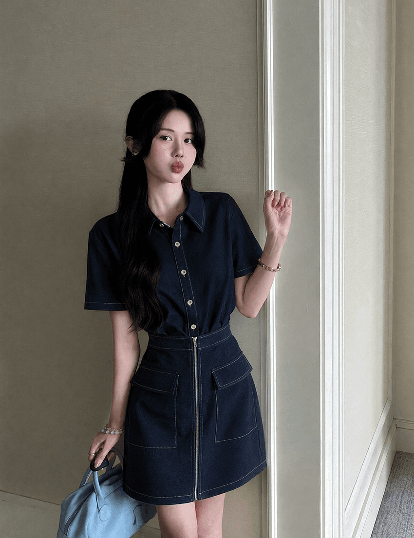 실사 s-4xl 여름 지방 mm 새로운 디자인 센스 페이크 레이어드 차가운 센스 모방 데님 드레스 품격 미니 스커트 상세 이미지 6