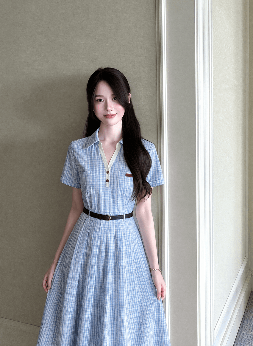 실사 s-4xl 여성 의류 출퇴근 부드러운 스타일 파란색 디자인 센스 허리 수축 체크무늬 반팔 점프 슈트 롱 스커트 상세 이미지 4