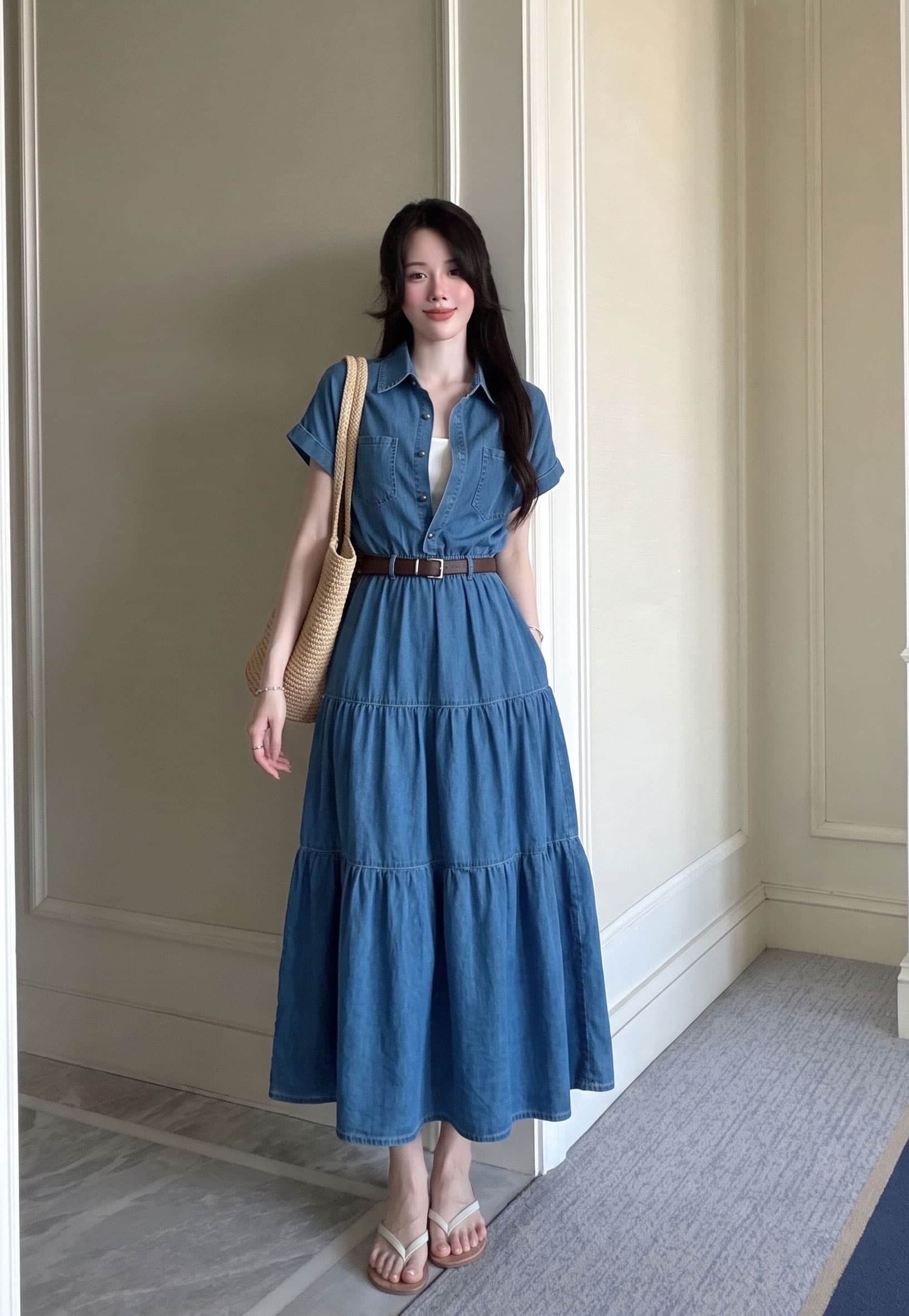 실사 s-4xl 마이크로 지방 mm 레트로 항구 바람 여름 슬림해 보이는 싱글 줄 버튼 허리 수축 슬림해 보이는 데님 드레스 상세 이미지 4