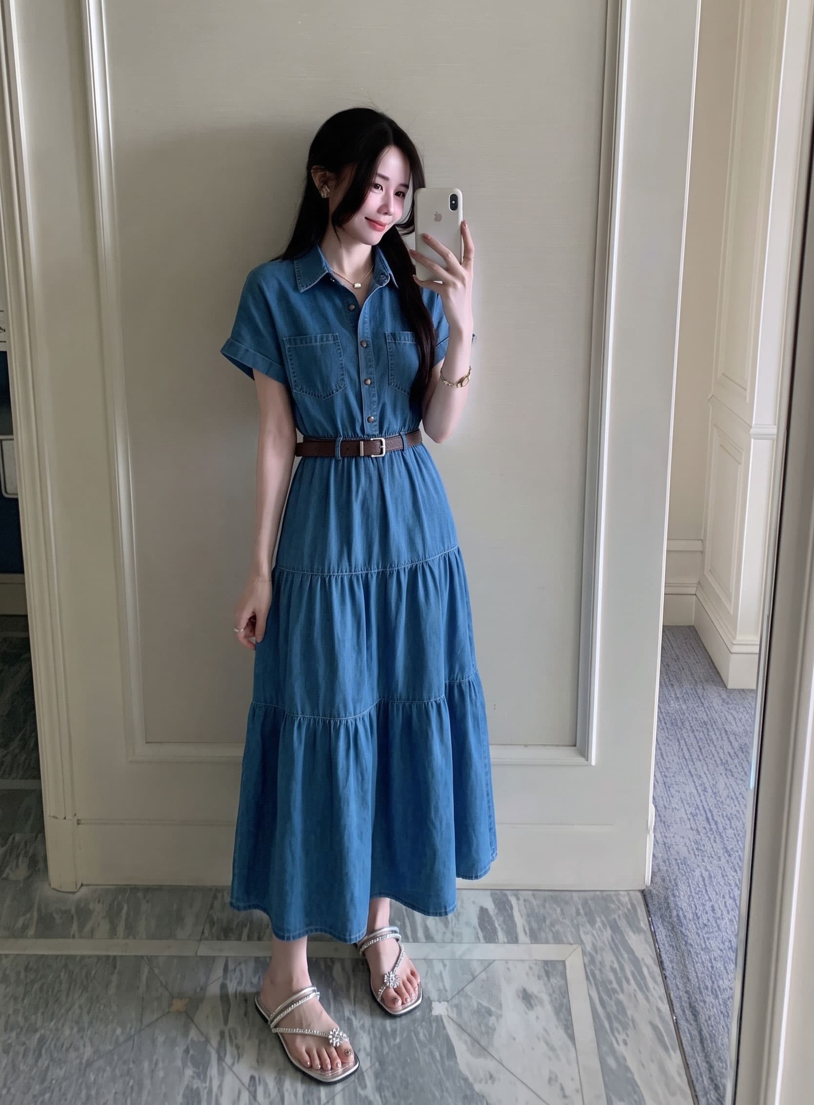 실사 s-4xl 마이크로 지방 mm 레트로 항구 바람 여름 슬림해 보이는 싱글 줄 버튼 허리 수축 슬림해 보이는 데님 드레스 상세 이미지 6