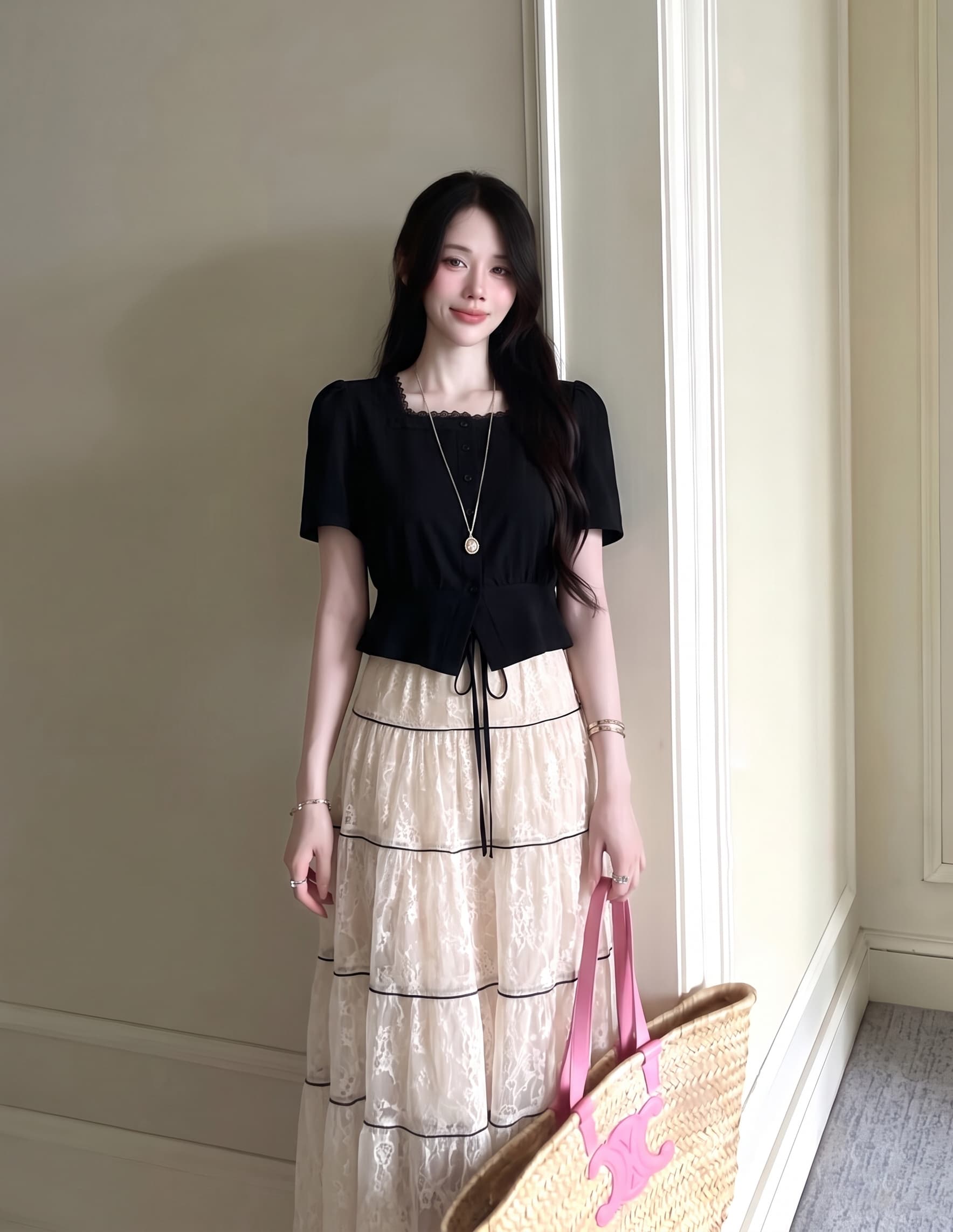 실사 s-4xl 빅 사이즈 발레 바람 프랑스식 품격 대 치마 레이스 망사 케이크 드레스 광장 칼라 검정색 티셔츠 상세 이미지 5