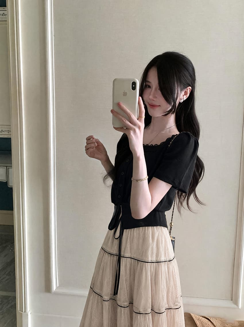 실사 s-4xl 빅 사이즈 발레 바람 프랑스식 품격 대 치마 레이스 망사 케이크 드레스 광장 칼라 검정색 티셔츠 상세 이미지 7