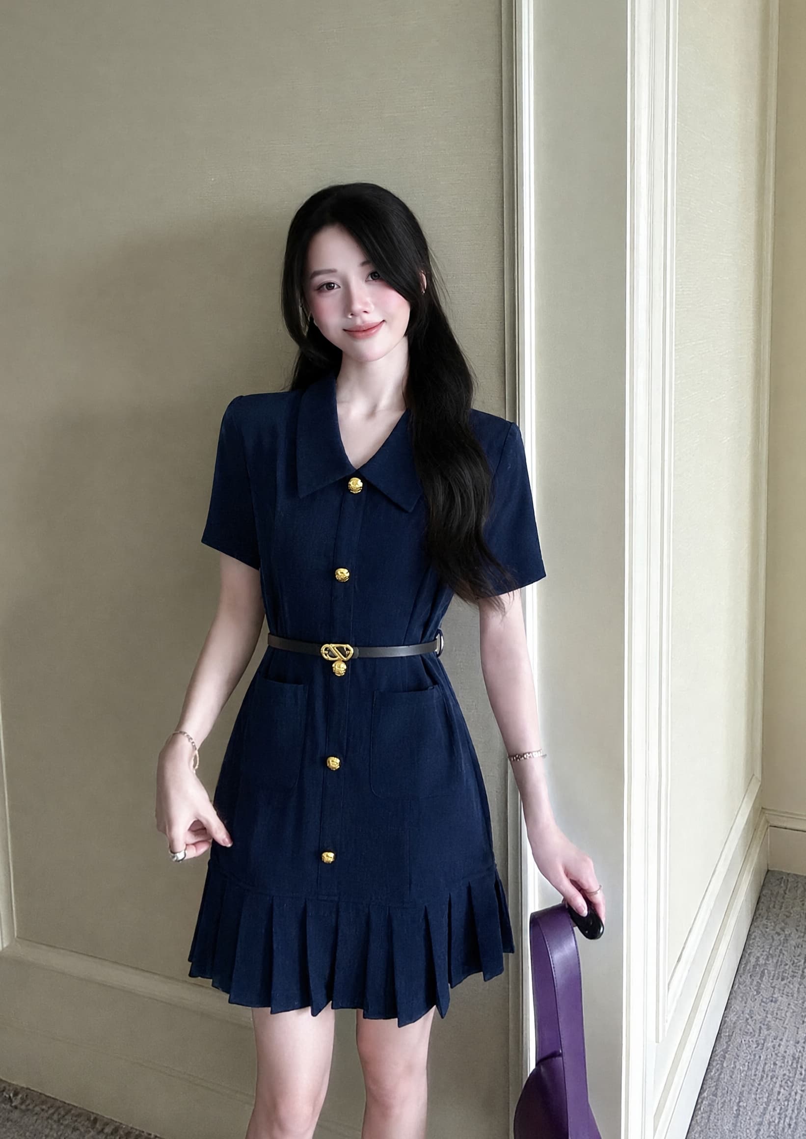 실사 s-4xl 품격 2026 여름 프랑스식 사소한 플리츠 치마 마이크로 지방 mm 허리 수축 반팔 드레스 상세 이미지 7