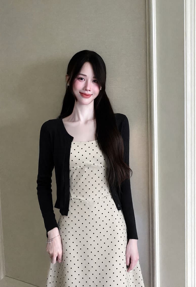 실사 s-4xl 프랑스식 럭셔리 센스 슬림해 보이는 도트 무늬 드레스 여름 슬립 드레스 화이트 살구 색상 롱 스커트 슬림해 보이는 오픈 가디건 상세 이미지 7