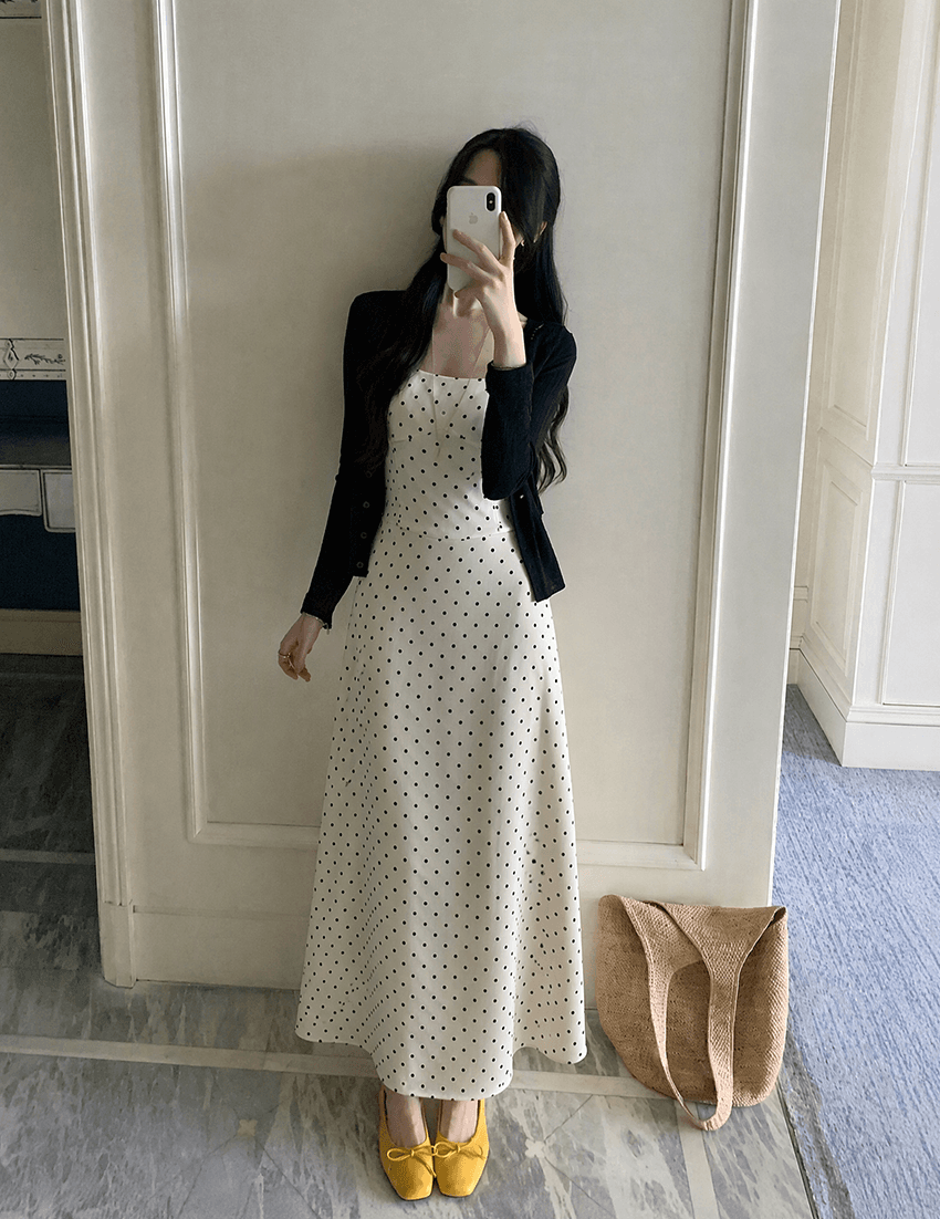 실사 s-4xl 프랑스식 럭셔리 센스 슬림해 보이는 도트 무늬 드레스 여름 슬립 드레스 화이트 살구 색상 롱 스커트 슬림해 보이는 오픈 가디건 상세 이미지 8