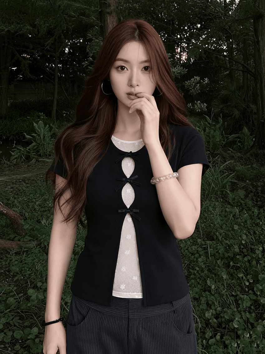 실사 정가 s-4xl 빅 사이즈 지방 mm 한 부서 슬림해 보이는 다크 바람 페이크 레이어드 반팔 홀로우 아웃 망사 맨위 여성 이미지 2