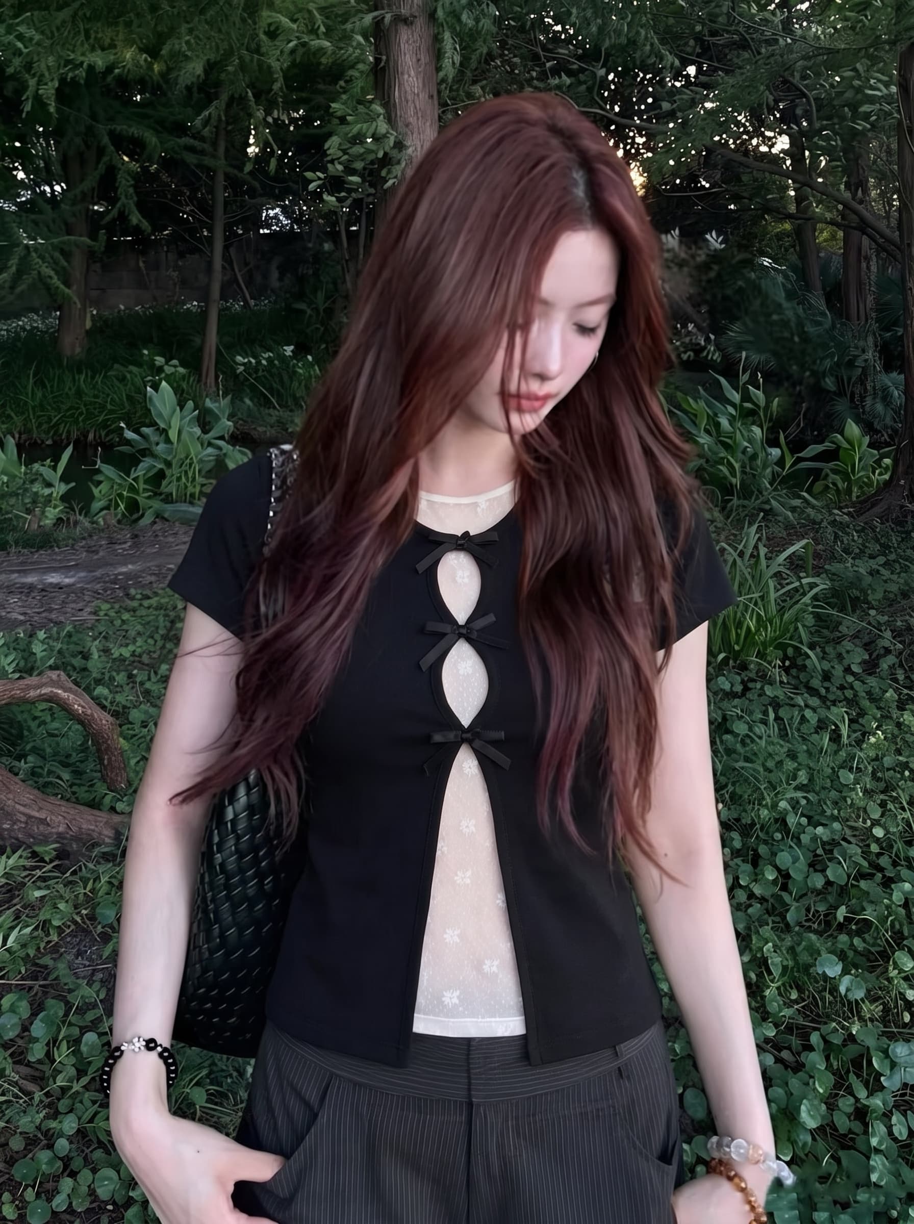 실사 정가 s-4xl 빅 사이즈 지방 mm 한 부서 슬림해 보이는 다크 바람 페이크 레이어드 반팔 홀로우 아웃 망사 맨위 여성 이미지 4
