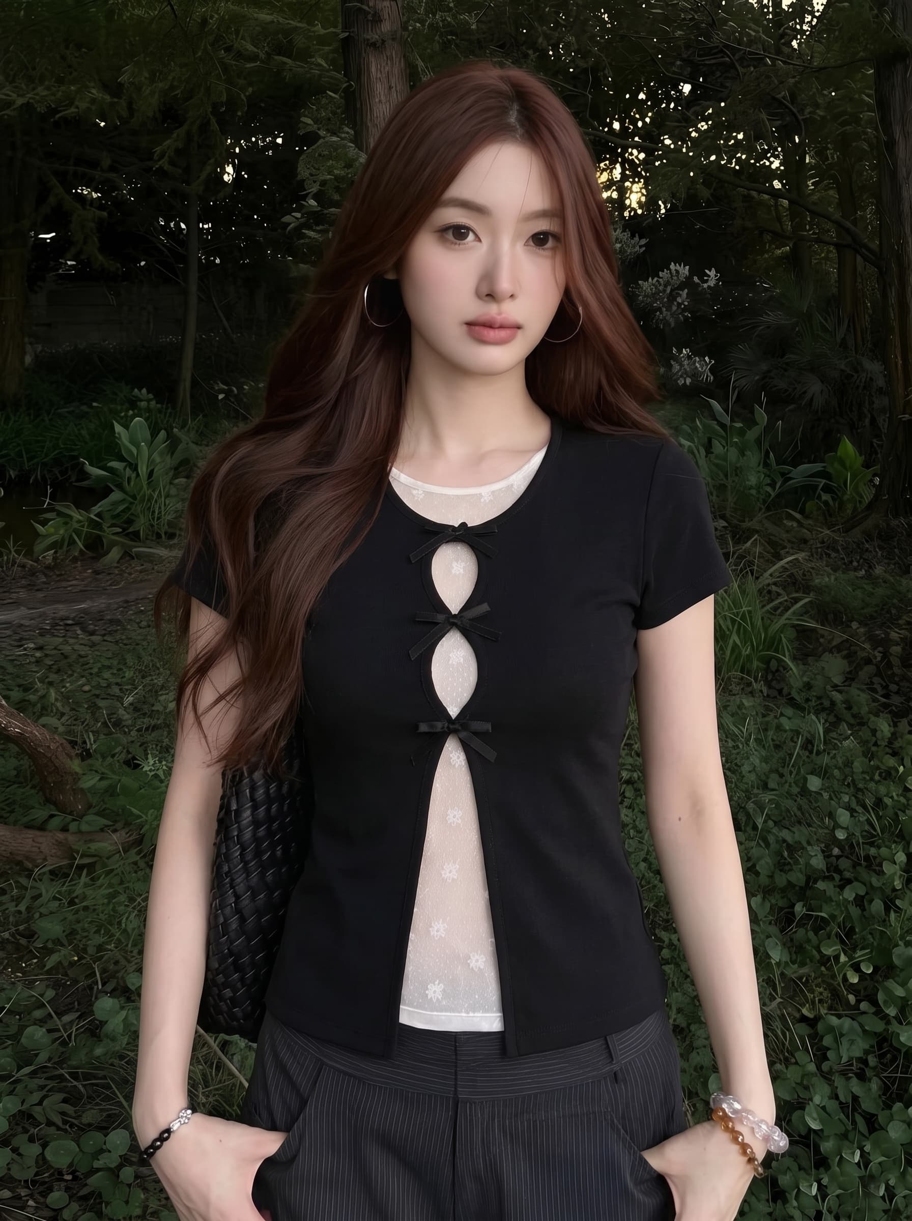 실사 정가 s-4xl 빅 사이즈 지방 mm 한 부서 슬림해 보이는 다크 바람 페이크 레이어드 반팔 홀로우 아웃 망사 맨위 여성