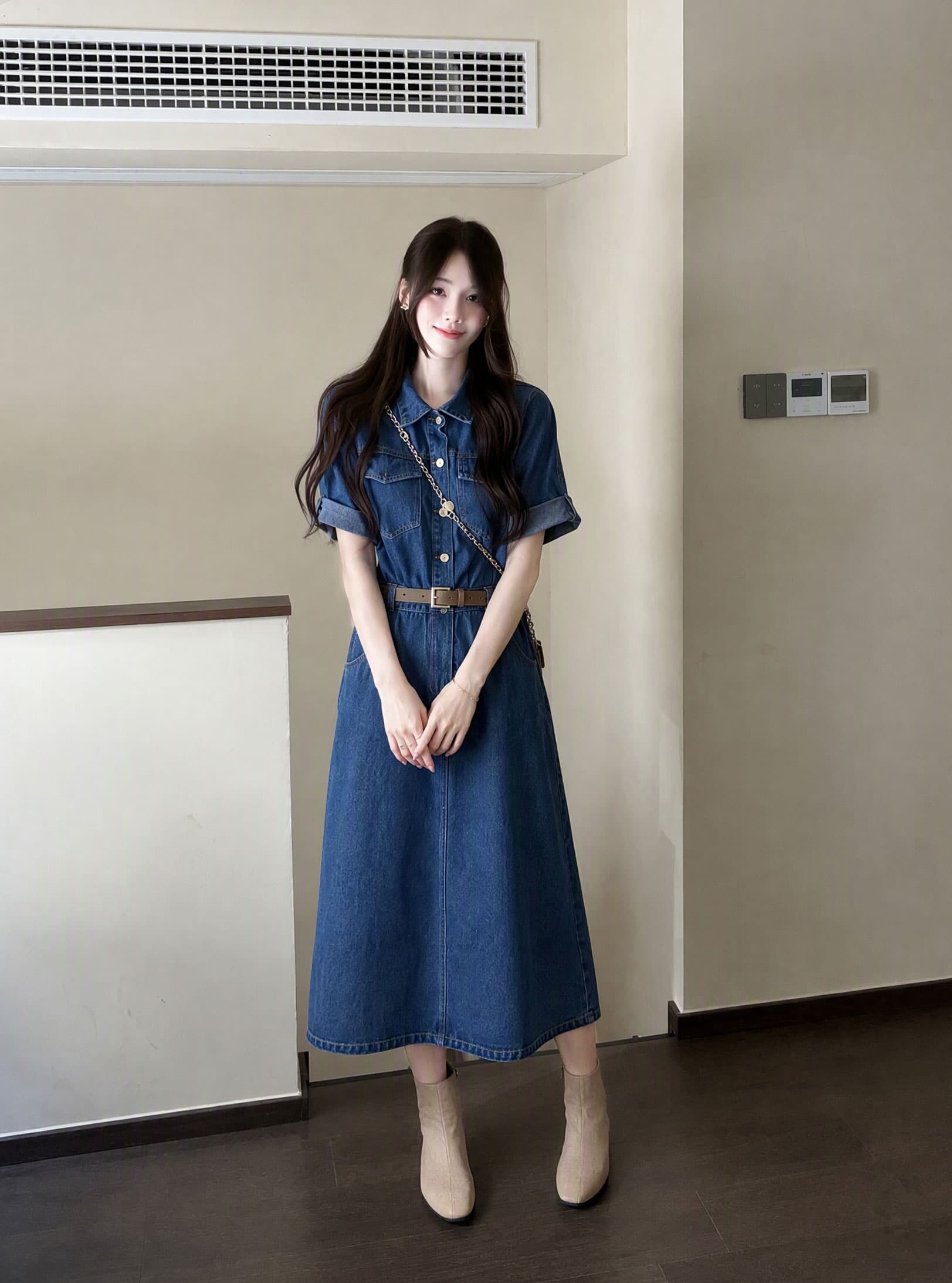 실사 빅 사이즈 여성 의류 여름 새로운 지방 mm 데님 반팔 드레스 지방 mm 허리 수축 슬림해 보이는 치마 아이들 이미지 4