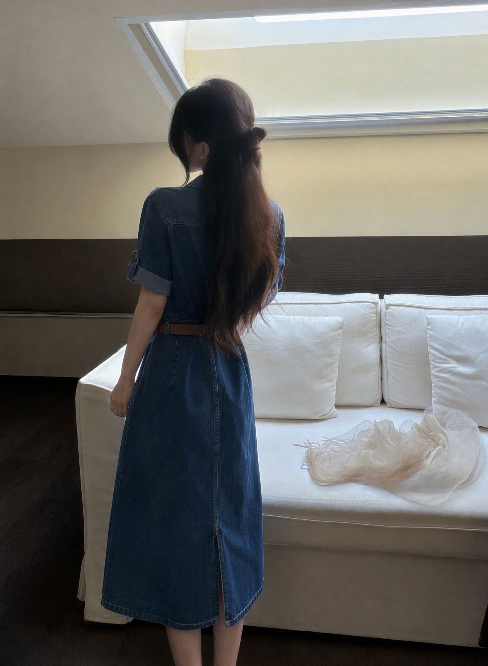 실사 빅 사이즈 여성 의류 여름 새로운 지방 mm 데님 반팔 드레스 지방 mm 허리 수축 슬림해 보이는 치마 아이들 상세 이미지 6