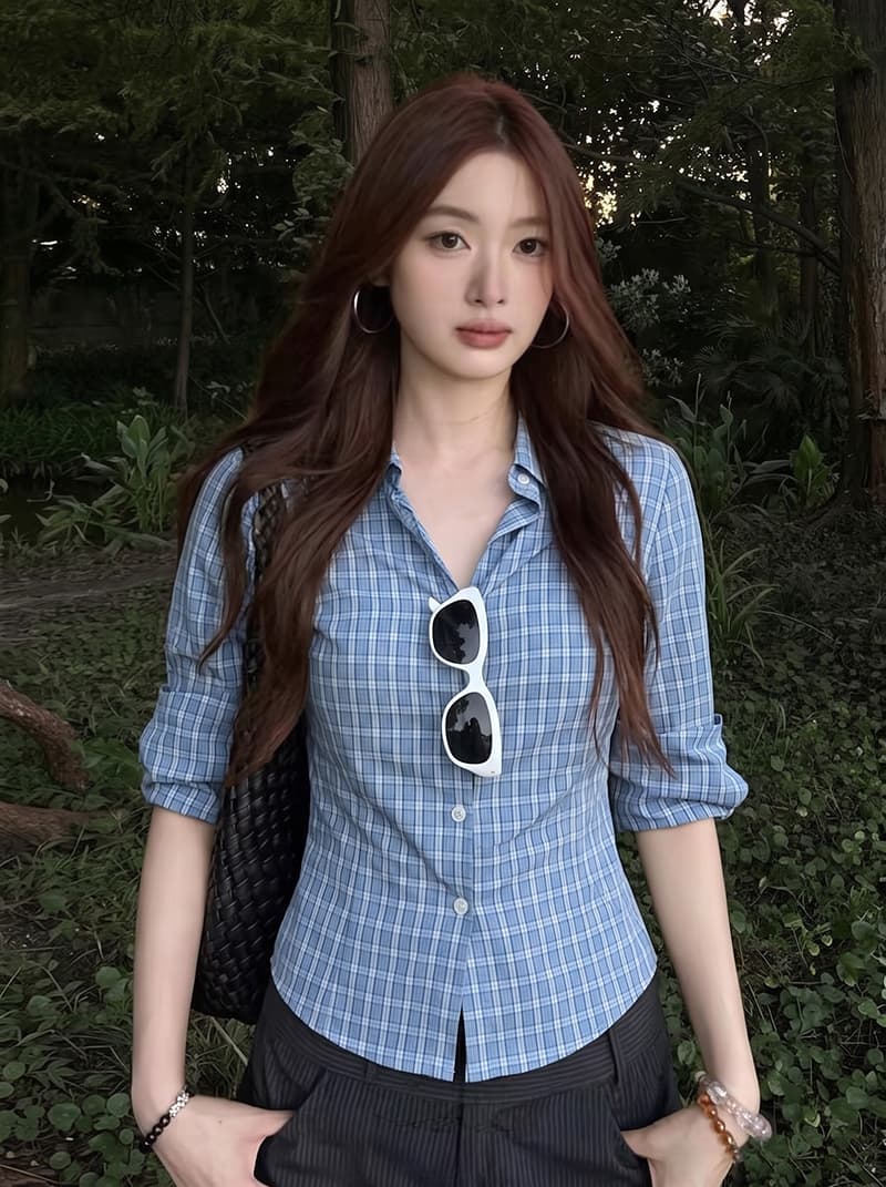 실사 빅 사이즈 한 부서 POLO 칼라 체크무늬 7부 소매 여성 셔츠 여름 허리 수축 슬림해 보이는 디자인 센스 품격 맨위