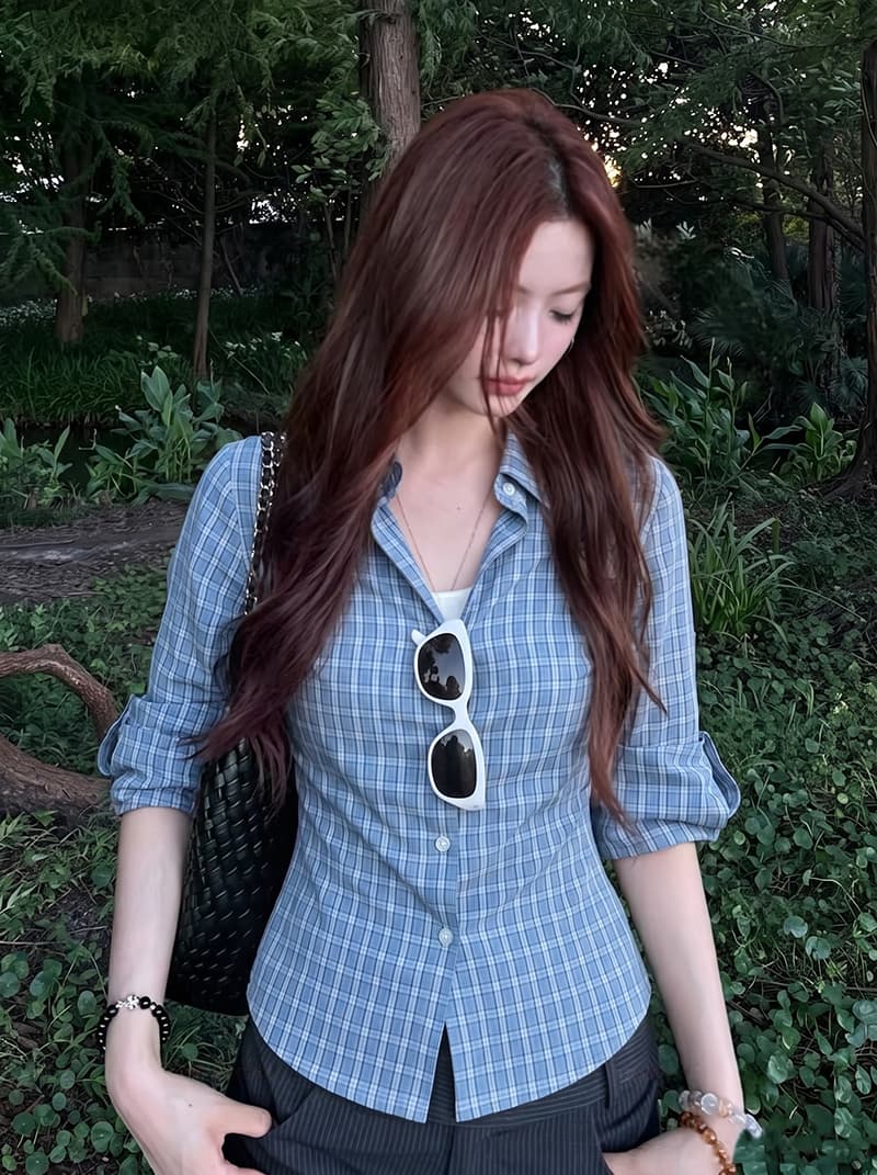 실사 빅 사이즈 한 부서 POLO 칼라 체크무늬 7부 소매 여성 셔츠 여름 허리 수축 슬림해 보이는 디자인 센스 품격 맨위 이미지 4