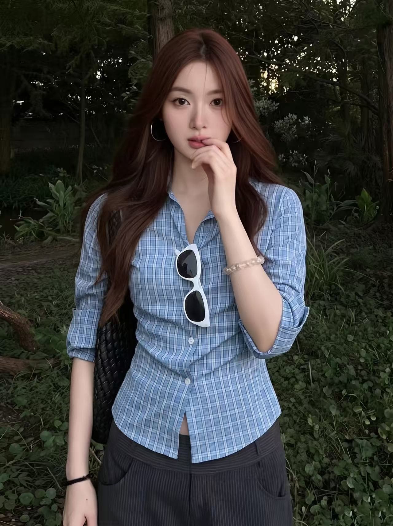 실사 빅 사이즈 한 부서 POLO 칼라 체크무늬 7부 소매 여성 셔츠 여름 허리 수축 슬림해 보이는 디자인 센스 품격 맨위 상세 이미지 2