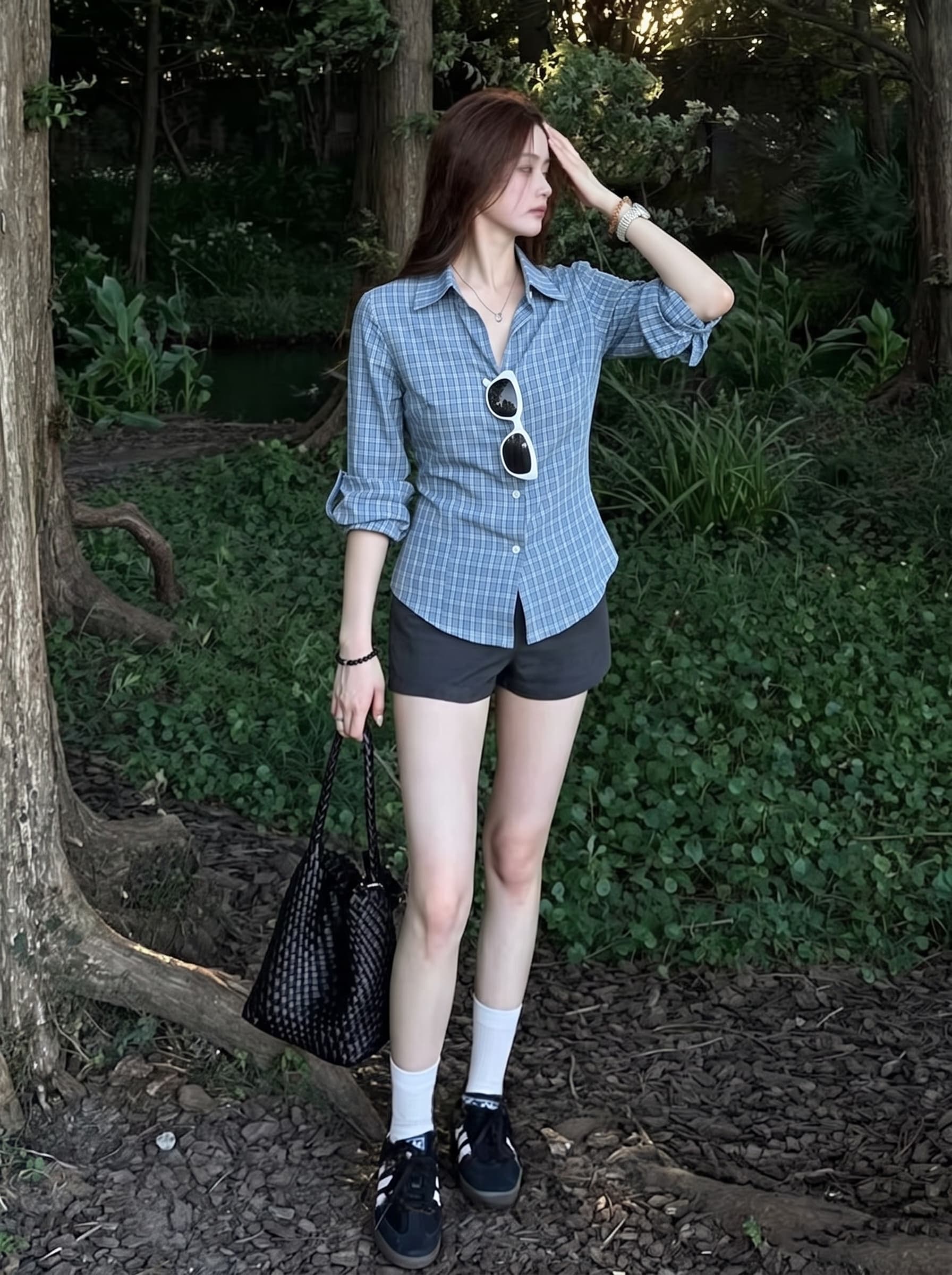 실사 빅 사이즈 한 부서 POLO 칼라 체크무늬 7부 소매 여성 셔츠 여름 허리 수축 슬림해 보이는 디자인 센스 품격 맨위 상세 이미지 5