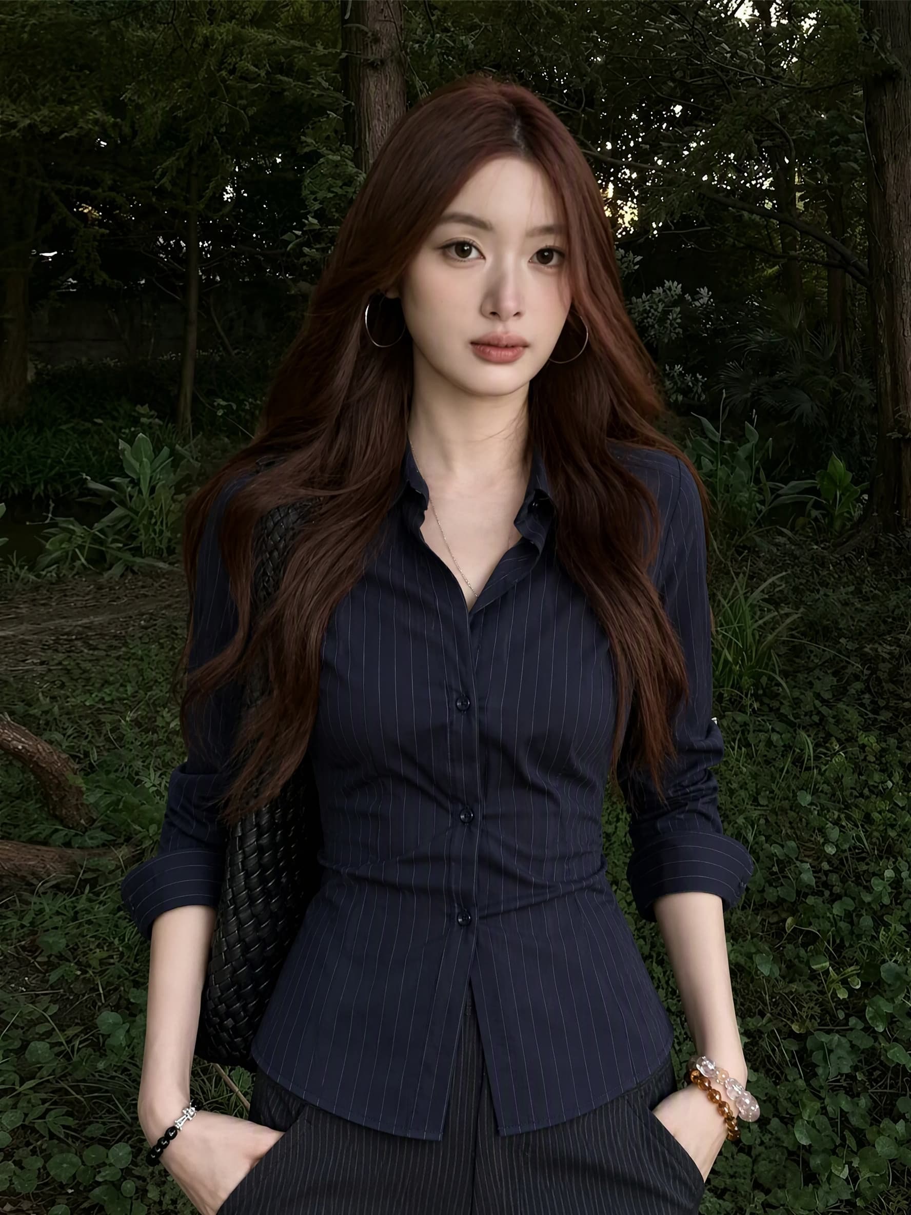 실사 빅 사이즈 여름 새로운 출퇴근 바람 스트라이프 여성 셔츠 고급 센스 긴팔 폴로 칼라 비즈니스웨어 맨위