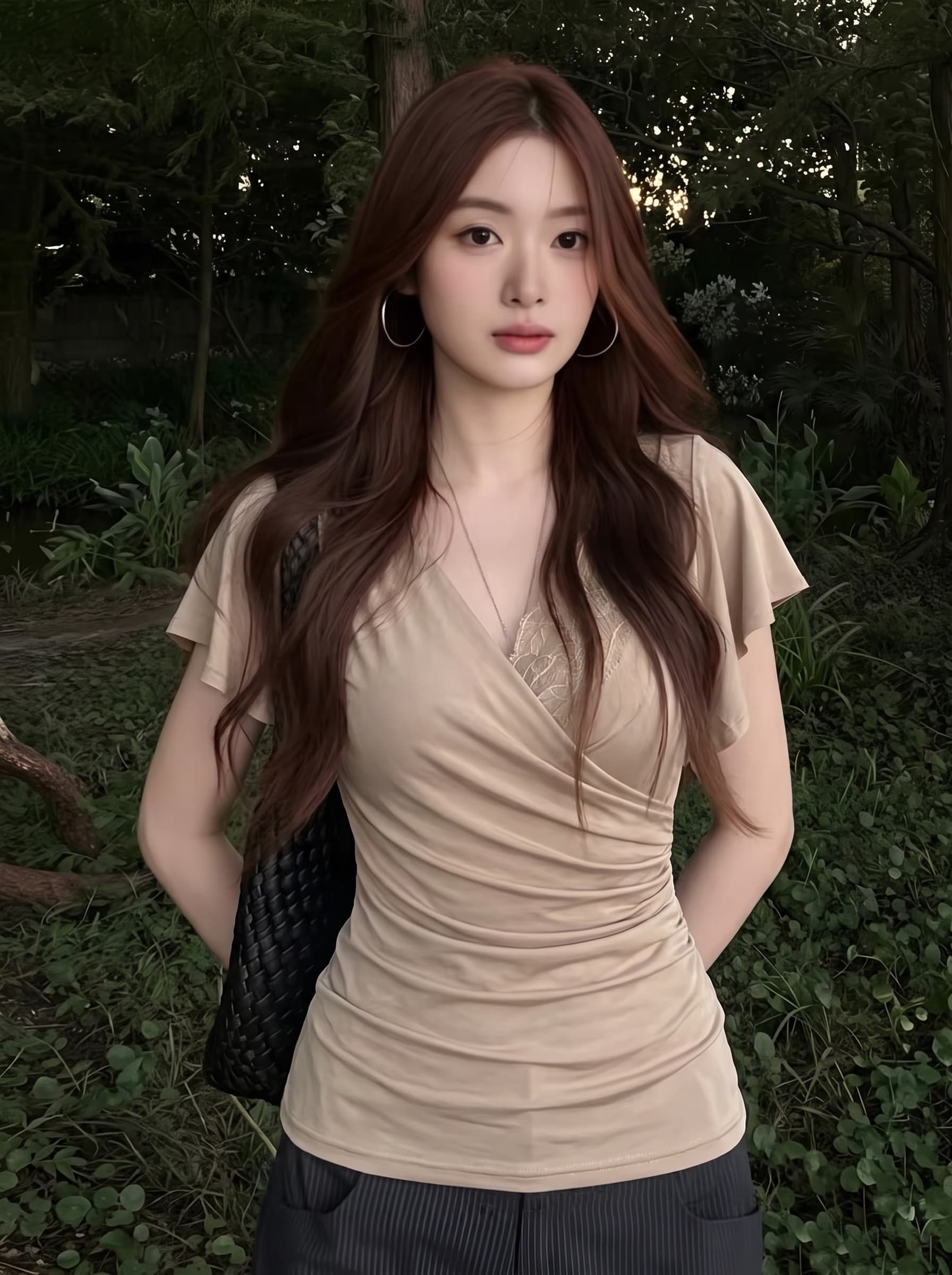 실사 빅 사이즈 지방 mm 레이스 레이스 십자가 V넥 반팔 티셔츠 여름 고유 한 아름다운 몸매 가꾸기 슬림해 보이는 맨위 이미지 3