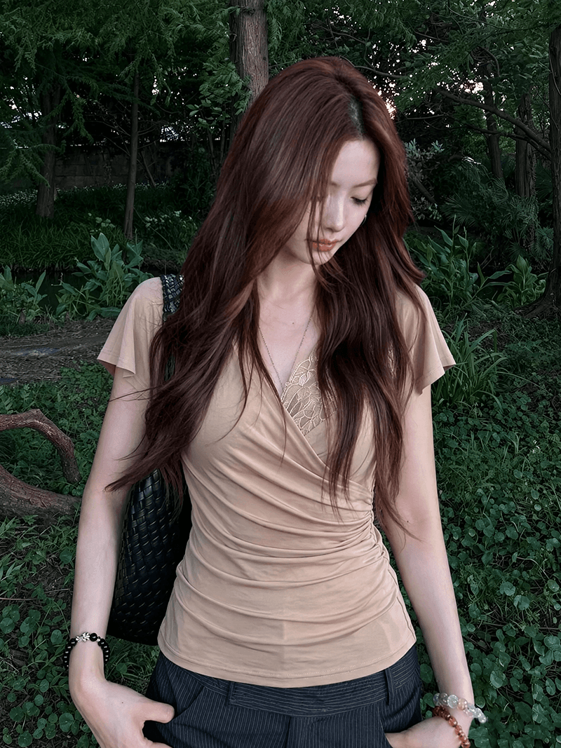실사 빅 사이즈 지방 mm 레이스 레이스 십자가 V넥 반팔 티셔츠 여름 고유 한 아름다운 몸매 가꾸기 슬림해 보이는 맨위 상세 이미지 4