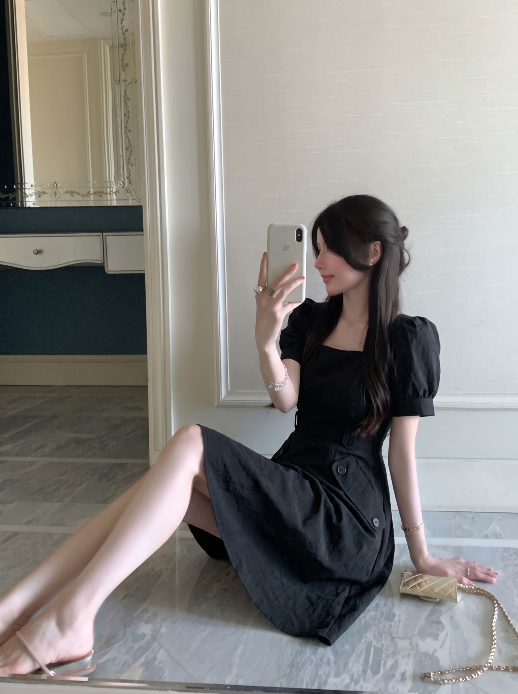실사 빅 사이즈 여성 의류 캄파넬라 세과 프랑스식 품격 지방 mm 반팔 드레스 몸매 가꾸기 달콤함 부드러운 드레스 상세 이미지 1