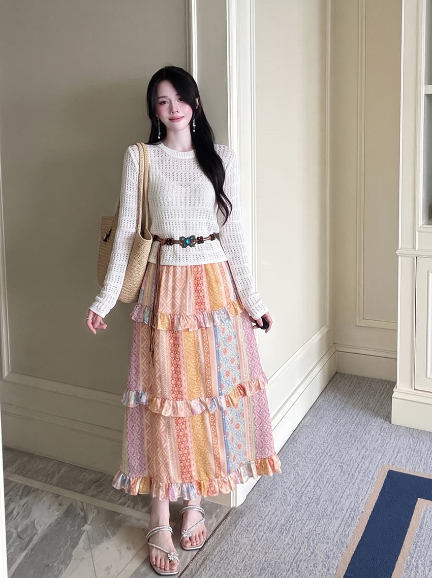 실사 빅 사이즈 여성 의류 휴가 여행 착용 가져 가라. 세트 지방 mm 이름 가족 바람 반신 스커트 홀로우 아웃 맨위 투피스 세트 상세 이미지 4
