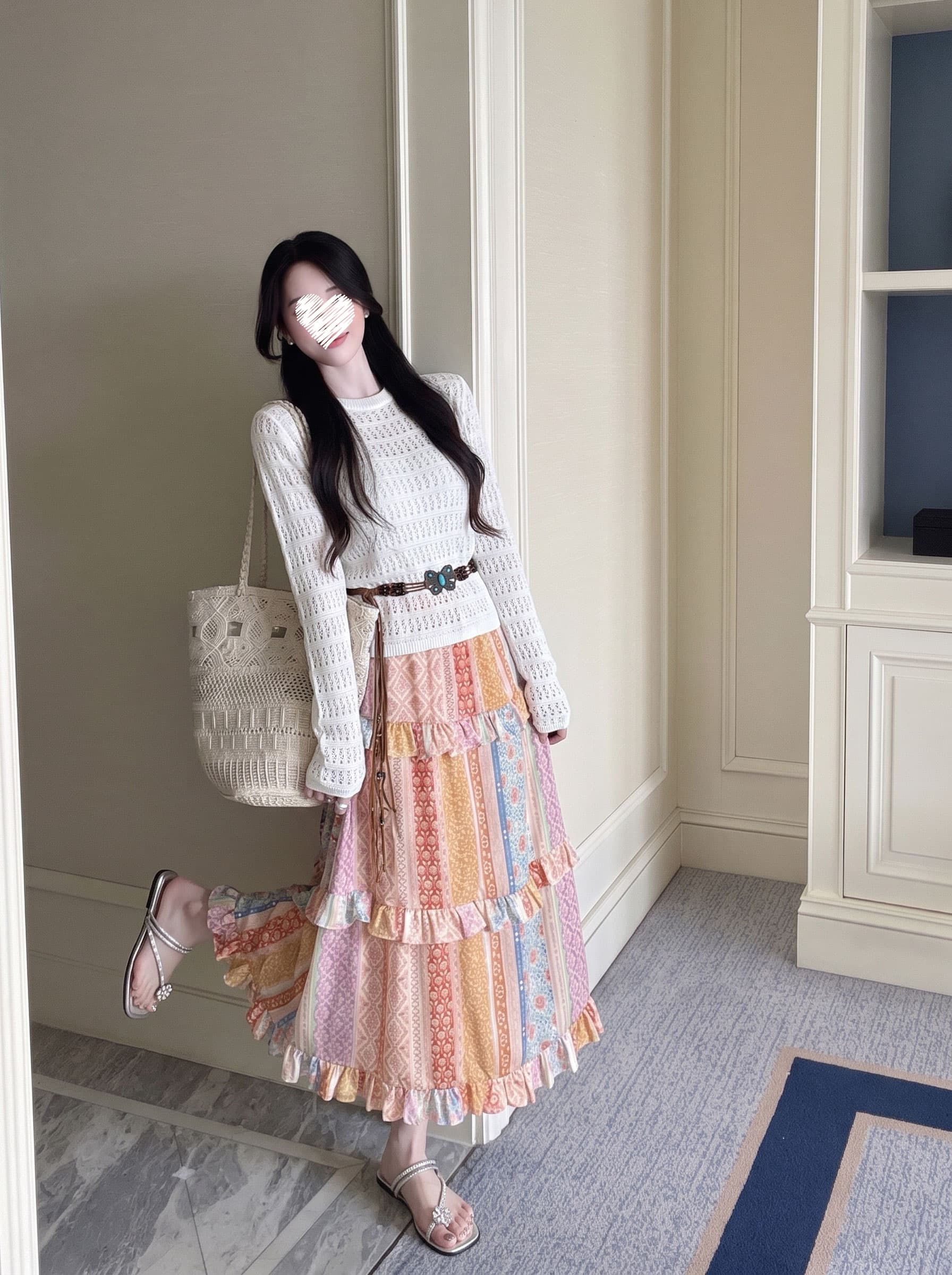 실사 빅 사이즈 여성 의류 휴가 여행 착용 가져 가라. 세트 지방 mm 이름 가족 바람 반신 스커트 홀로우 아웃 맨위 투피스 세트 상세 이미지 7