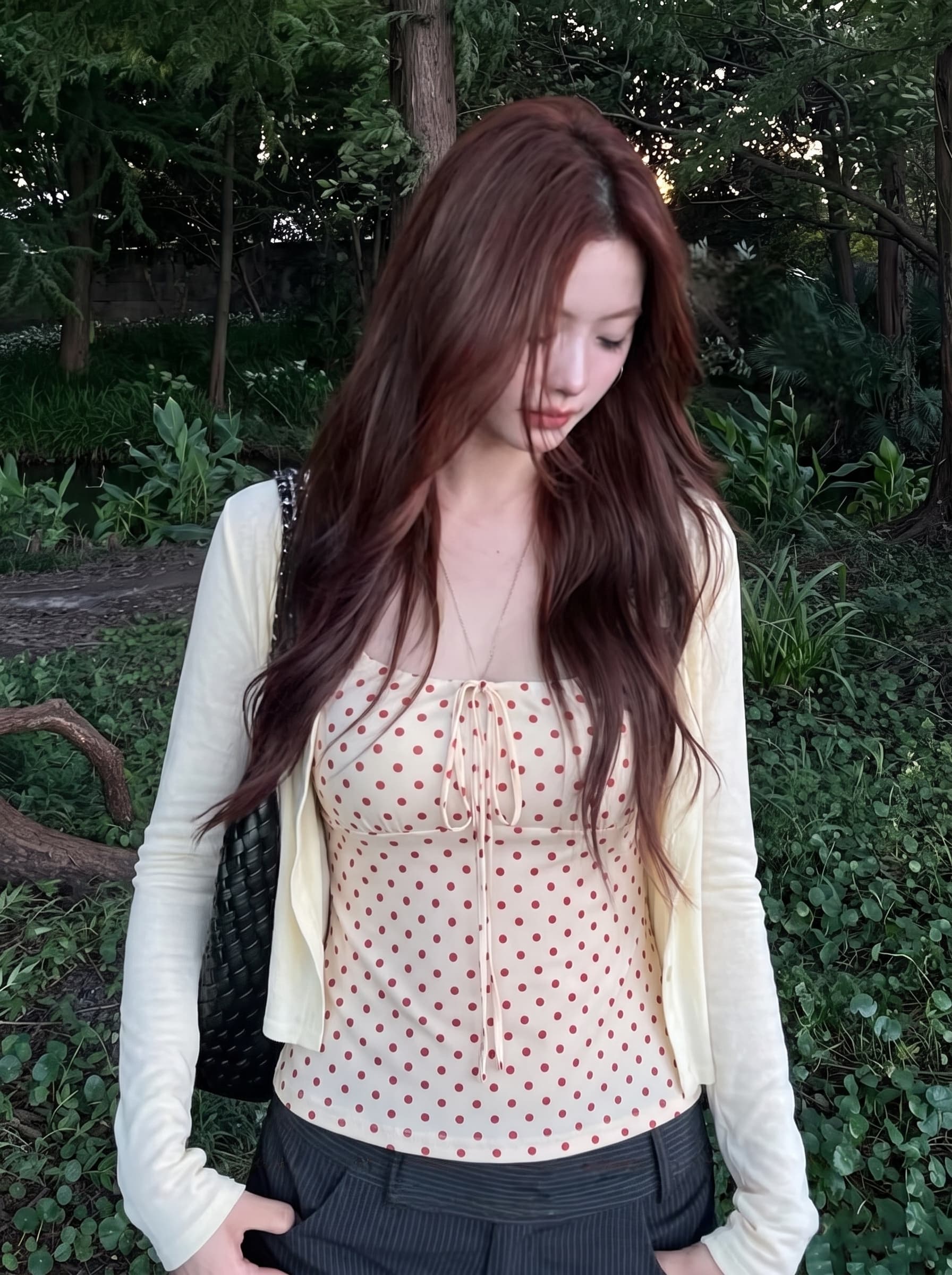 실사 빅 사이즈 가을 새로운 단색 익스트림 제인 편안함 니트 오픈 가디건 도트 무늬 레이스업 캐미솔 투피스 세트 이미지 4
