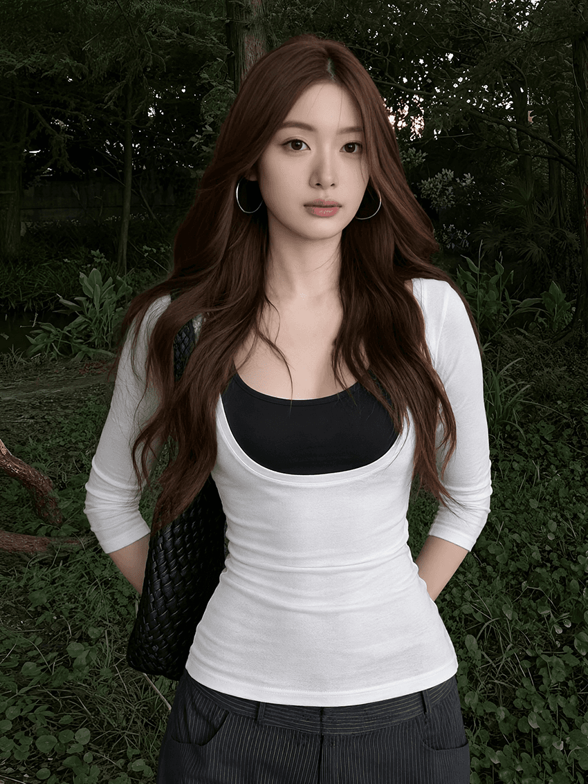 실사 빅 사이즈 느긋한 바람 배색 얇은 스타일 마이크로 ~을 통해 티셔츠 여성 가을 새로운 행침 목 캐미솔 세트 이미지 3